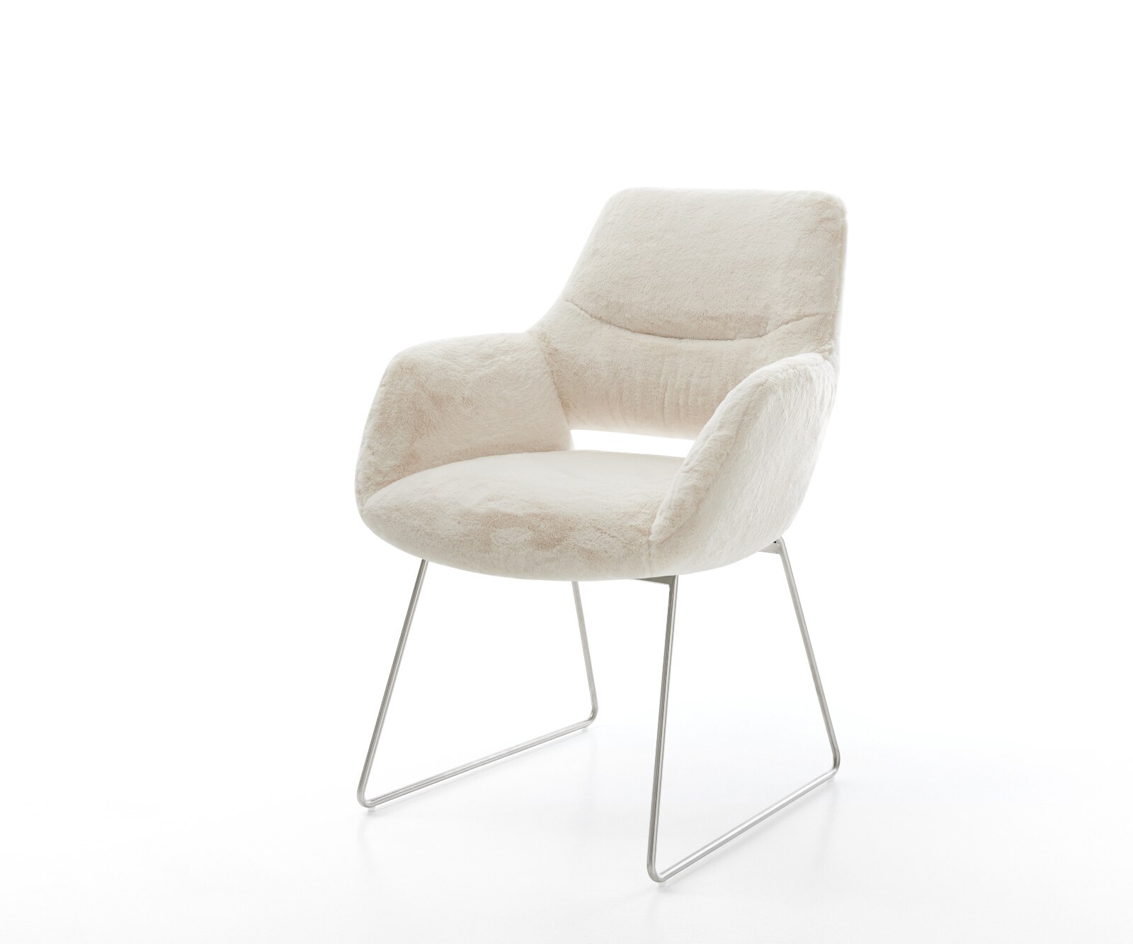 Esszimmerstuhl Yago-Flex mit Armlehnen Plüsch Creme-Weiß Kufengestell Edelstahl Taschenfederkern 1