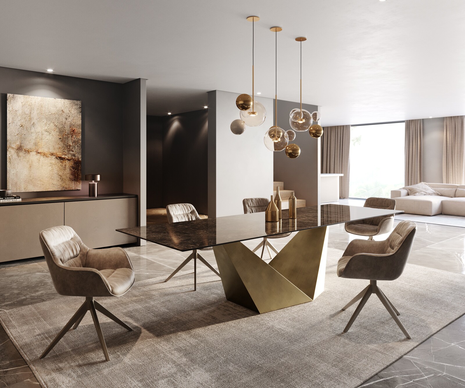 Esstisch Edge 300x100 Keramik Laminam® Emperador Extra Lucidato Dunkelbraun Prisma Metallic Gold 5