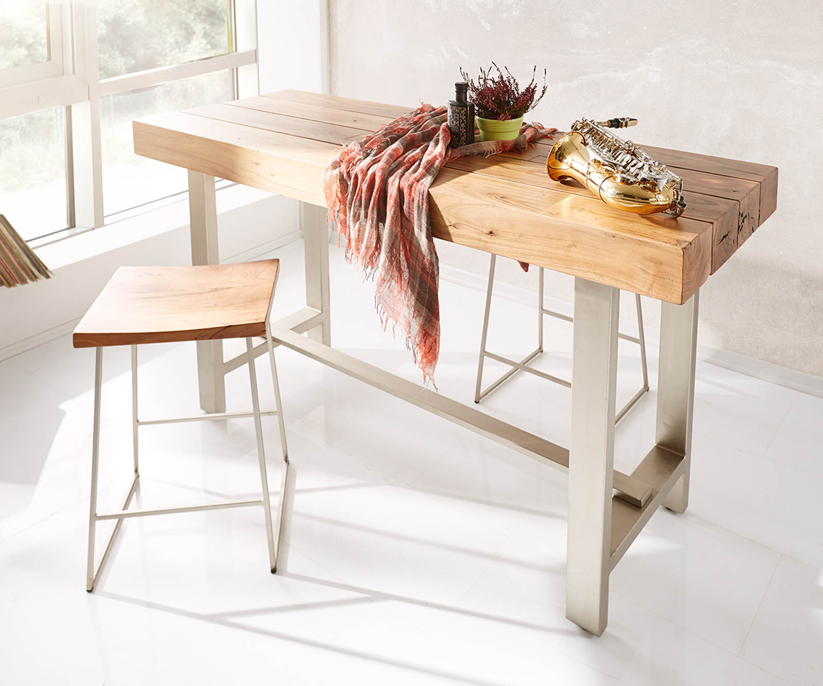 Bartisch Blokk 165x60 cm Akazie Natur Metallgestell 