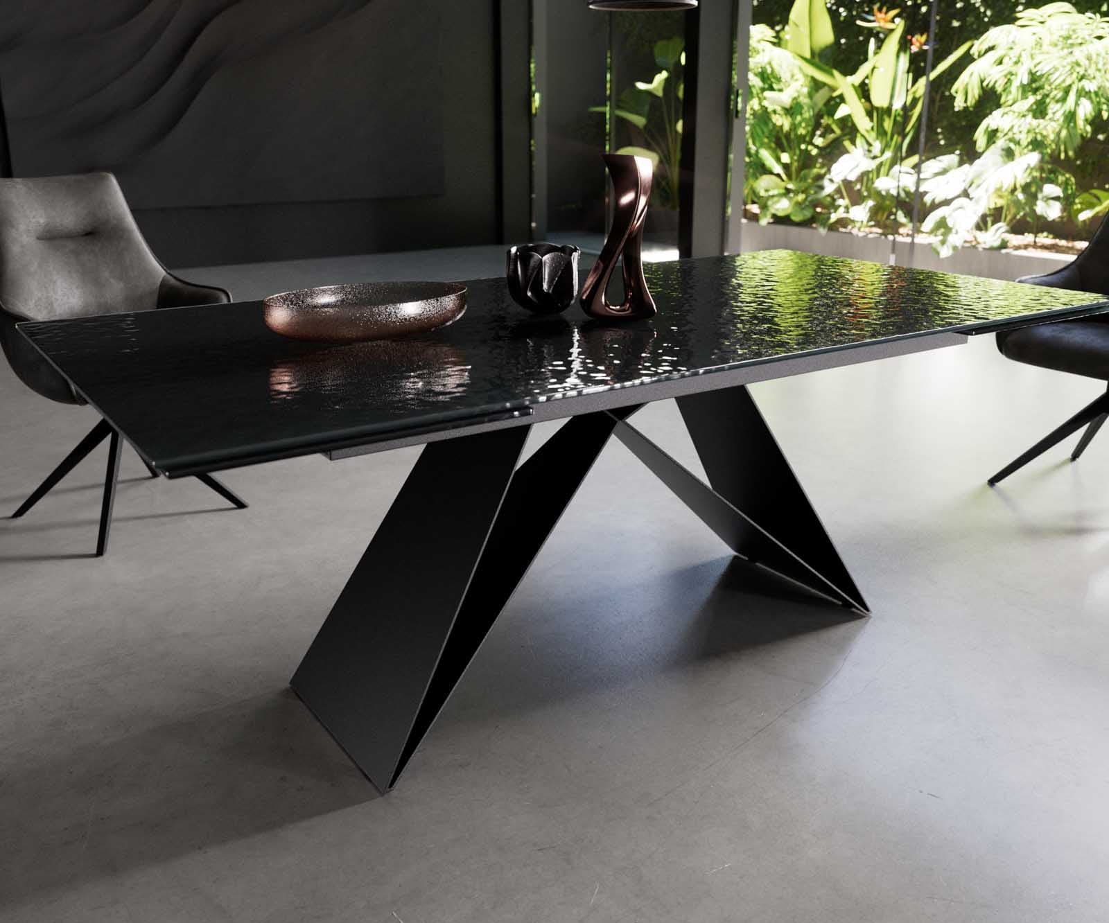 Esstisch Edge 200-300x100 Reliefglas Rauchschwarz 3D-Design V-Gestell Flachstahl Schwarz ausziehbar 4