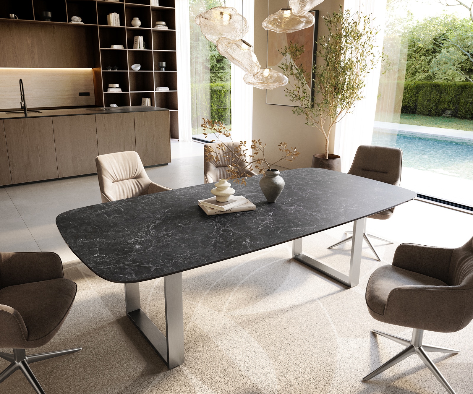 Esstisch Edge Boot 240x120 cm Keramik Laminam® Nero Greco Anthrazit Edelstahl Schmal