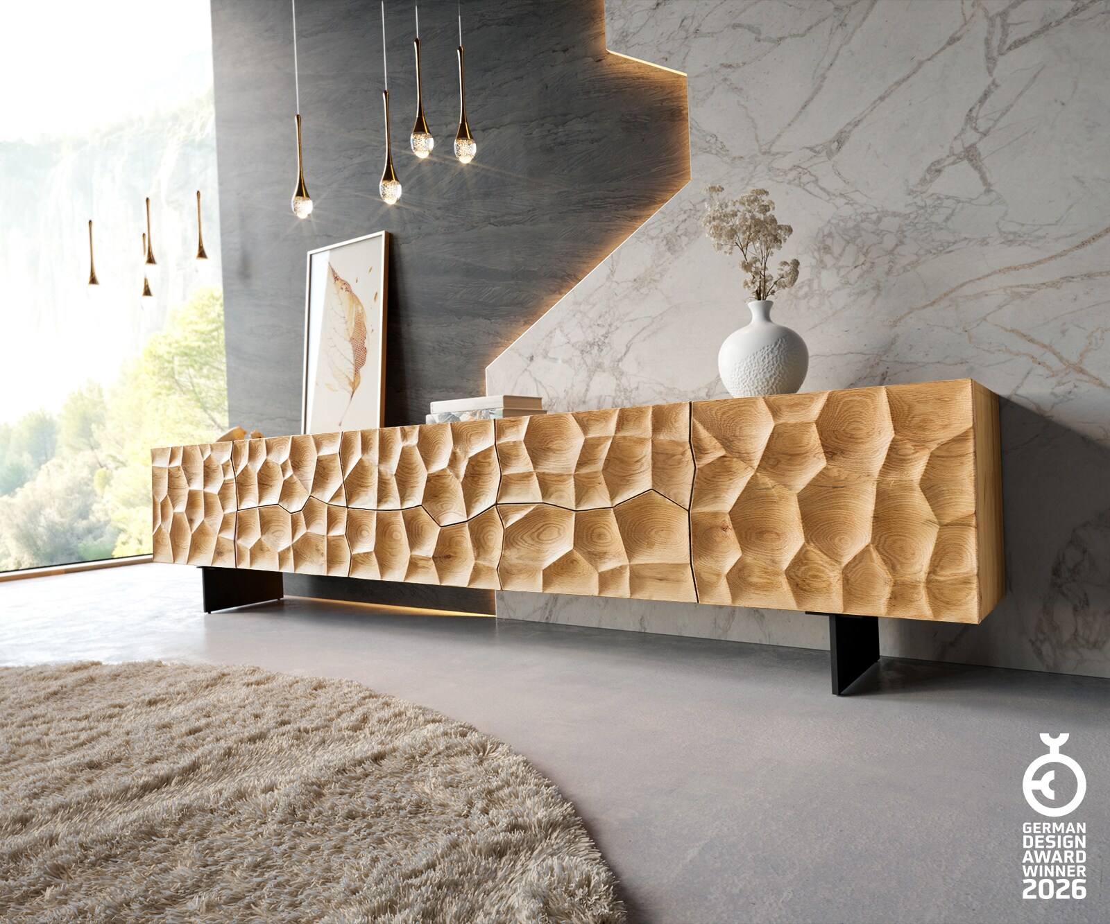 Lowboard Solu 260 cm Eiche Natur 2 Türen 6 Schübe Fuß schwebend Metall Schwarz 3D-Front