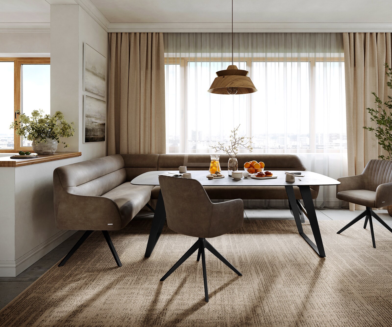 Esszimmerbank Taya-Flex 285x190 cm Mikrofaser Taupe Vintage Kreuzgestell kantig Schwarz Taschenfederkern Rechts 2