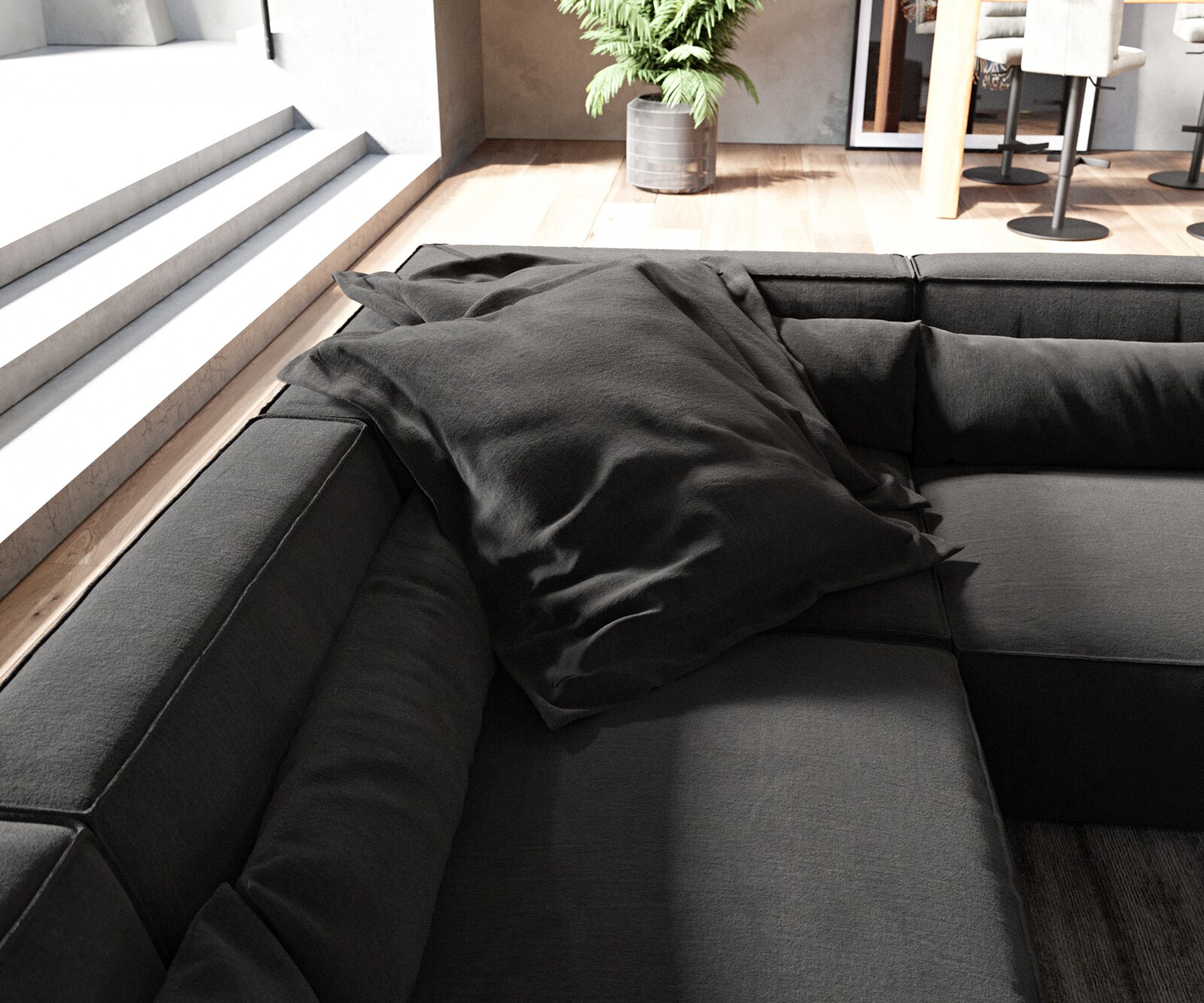 Wohnlandschaft Sirpio 300x210 cm Mikrofaser Schwarz Recamiere variabel mit Hocker 5
