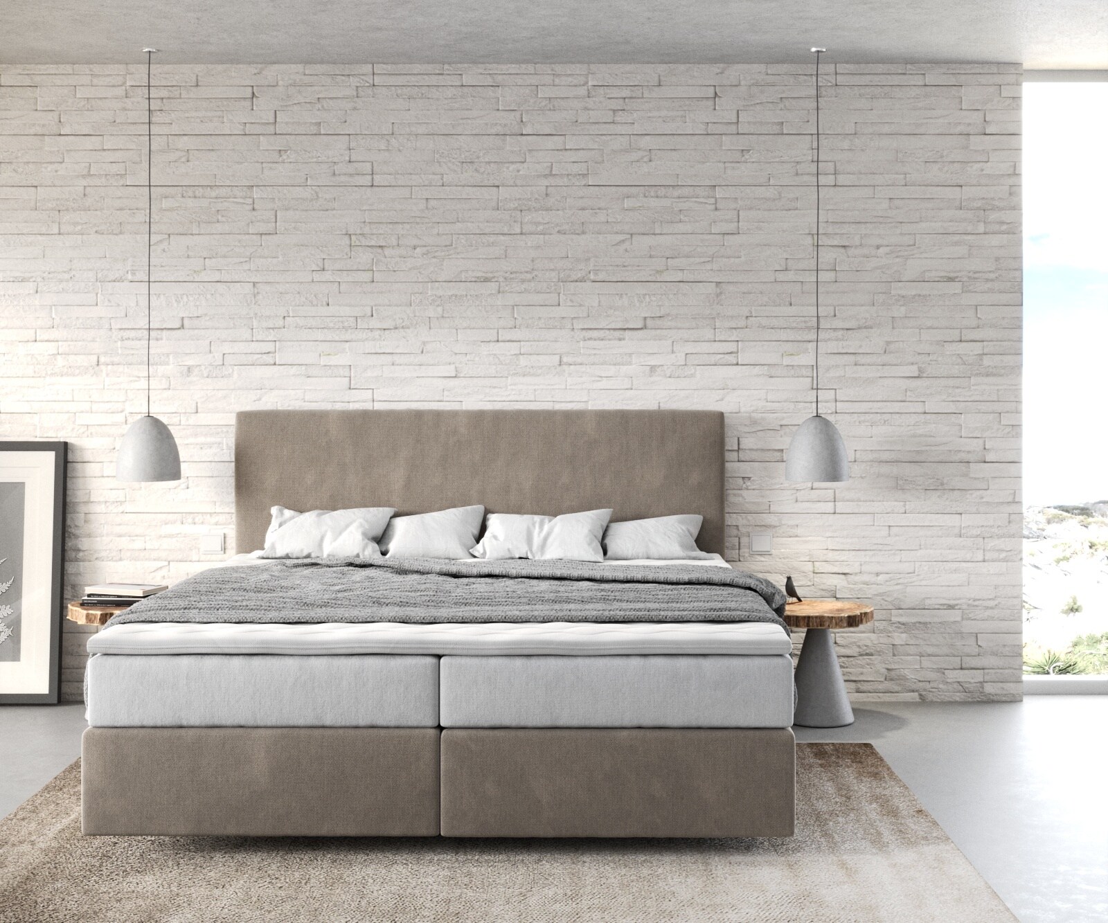 Boxspringbett Dream-Well 180x200 cm Mikrofaser Beige mit TFK Matratze und Visco Topper 1