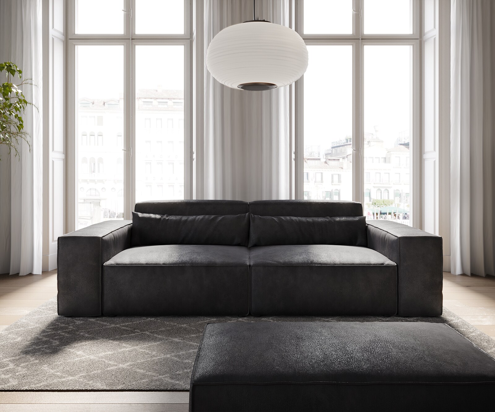 Big-Sofa Sirpio 230x95 cm Lederimitat Vintage Anthrazit  mit Hocker 2