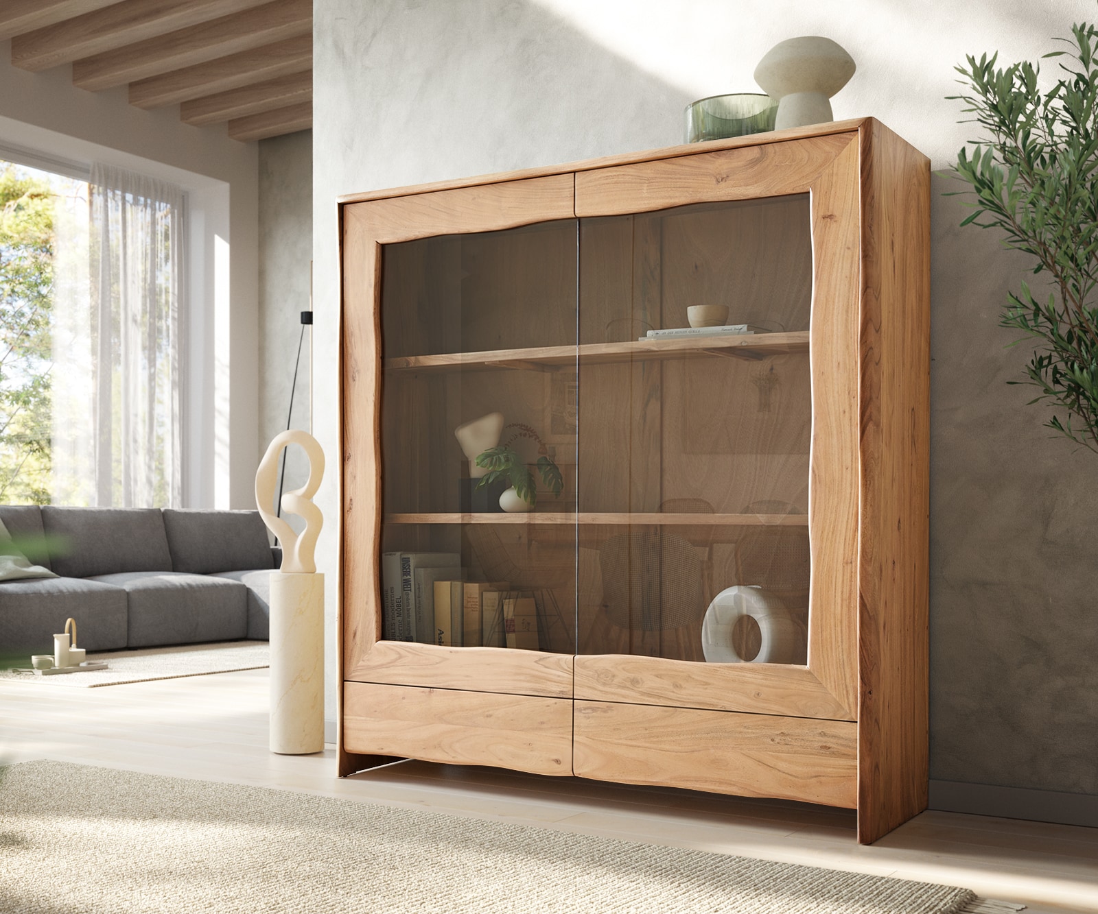 Vitrine Live-Edge 140x150 cm Akazie Natur 2 Türen 2 Schubladen Massiv