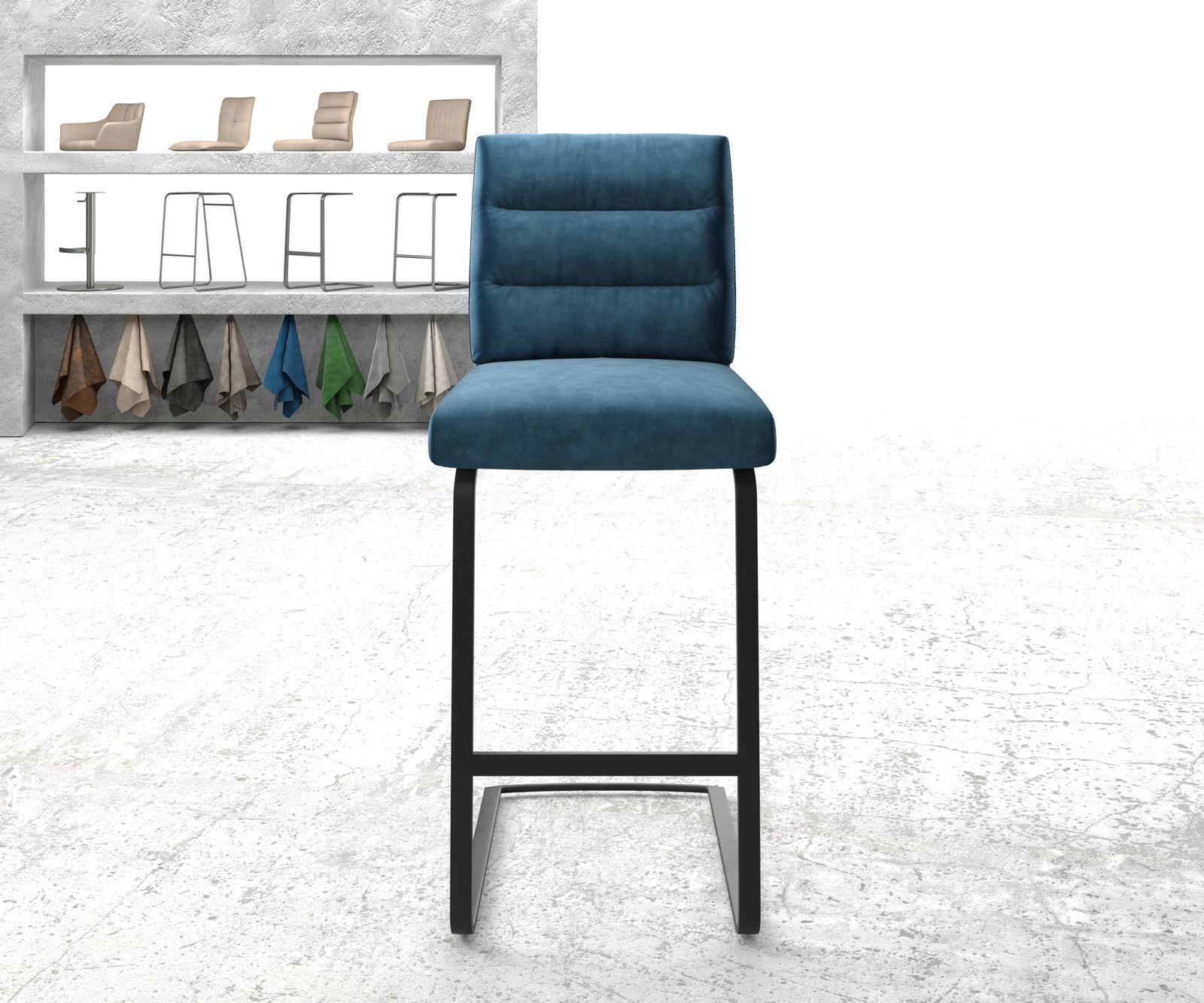 Barstuhl Pela-Flex Samt Blau Freischwinger flach Metall 1