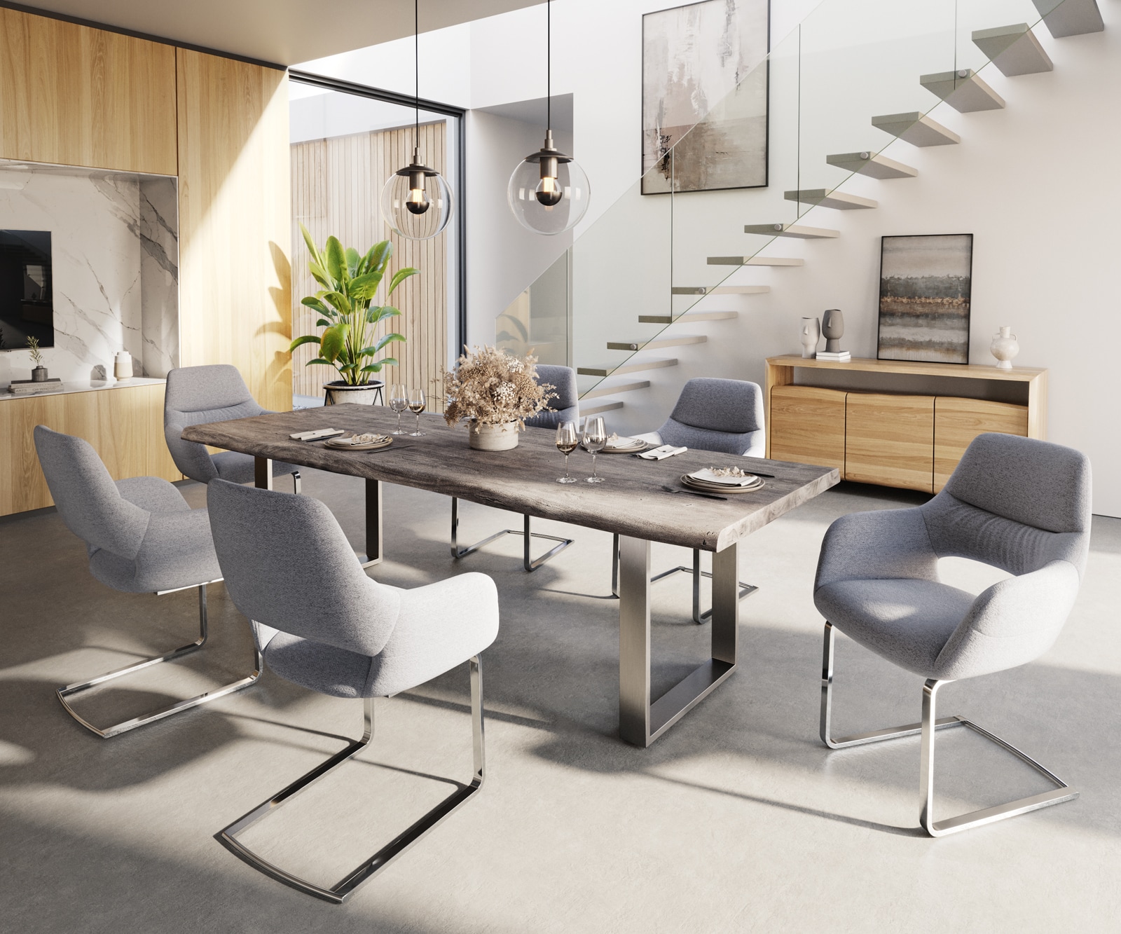 Esstisch Edge 260x100 XL Akazie Platin Edelstahl Schmal Live-Edge 4