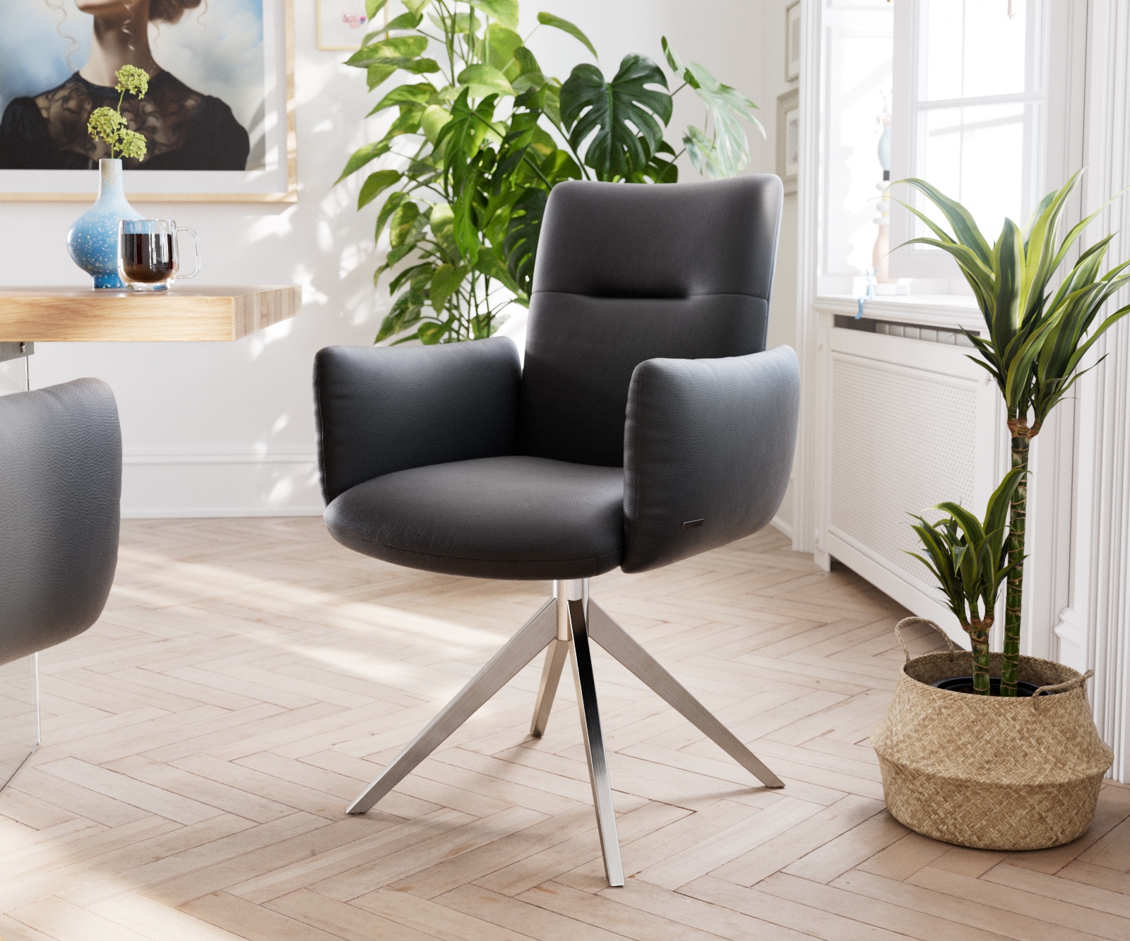 DELIFE Esszimmerstuhl Alja-Flex - Echtleder Schwarz Mit Edelstahl Gestell & Wippfunktion