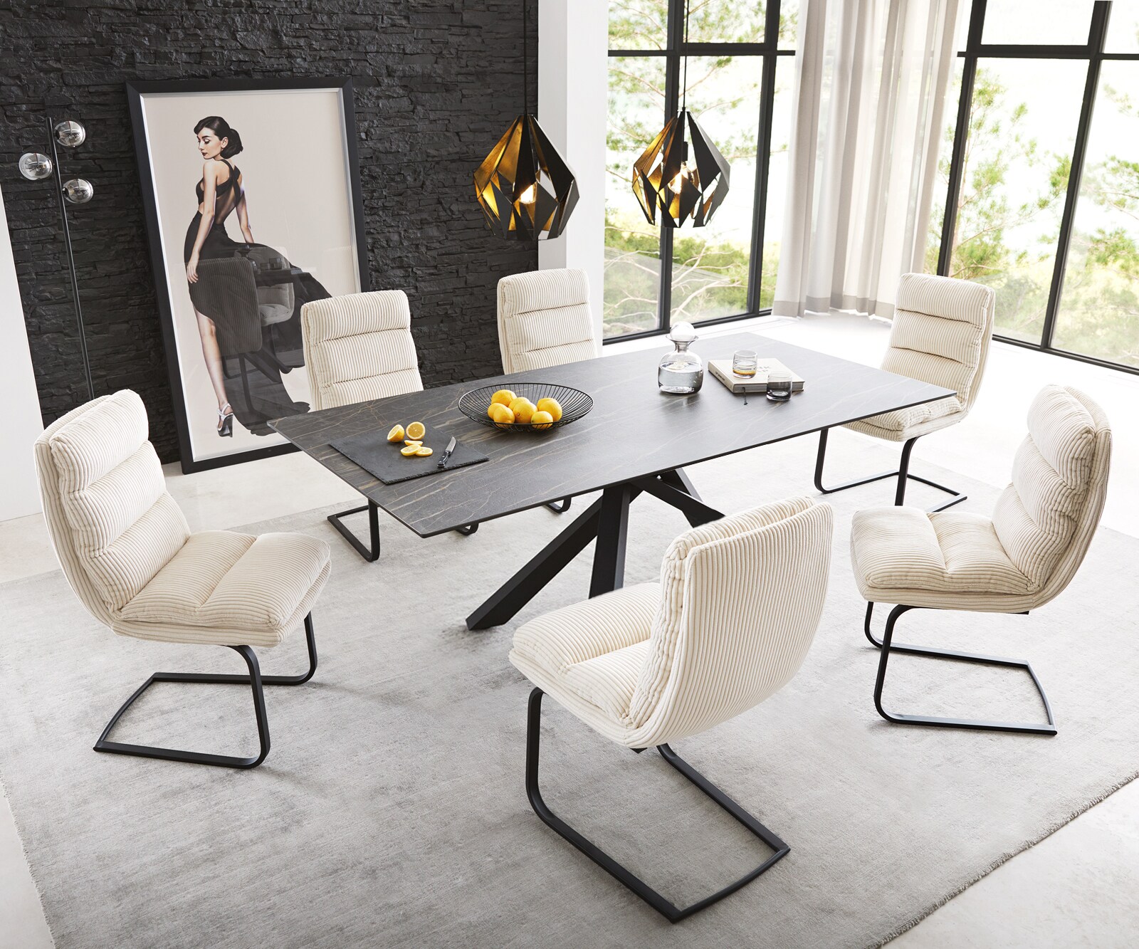 Esstisch Edge 200x100cm Keramik Laminam®Noir Desir Braun Mittelfuß Kreuz Schwarz 5