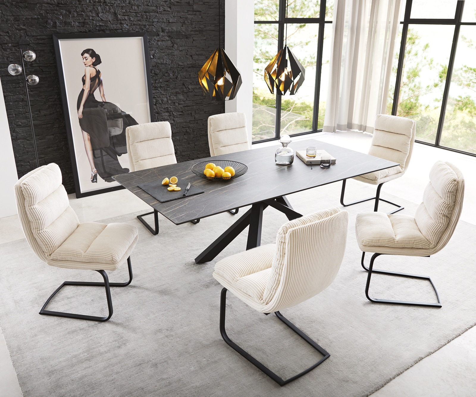 Esszimmertisch Edge Keramik Laminam®Noir Desir Braun 200x100cm Mittelfuß Kreuz Schwarz