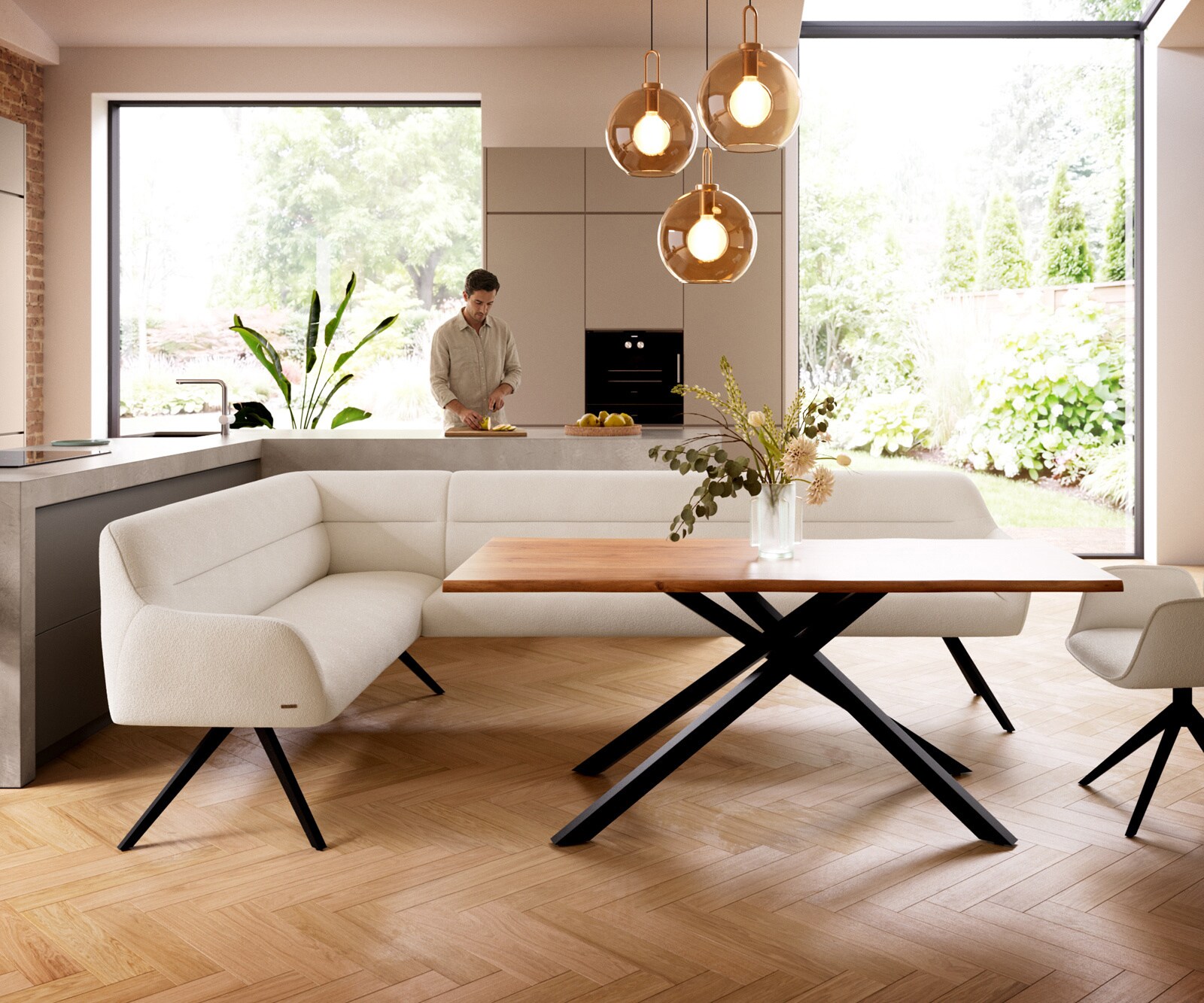 Esszimmerbank Taya-Flex 285x190 cm Bouclé Creme-Weiß Kreuzgestell kantig Schwarz Taschenfederkern Rechts 2