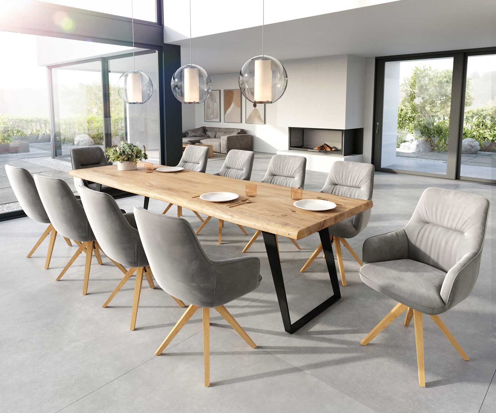 Esszimmerstuhl Zelia-Flex mit Armlehnen Samt Grau Holzgestell kantig Natur Taschenfederkern 3 Esszimmerstuhl Zelia-Flex mit Armlehnen Samt Grau Holzgestell kantig Natur Taschenfederkern 3