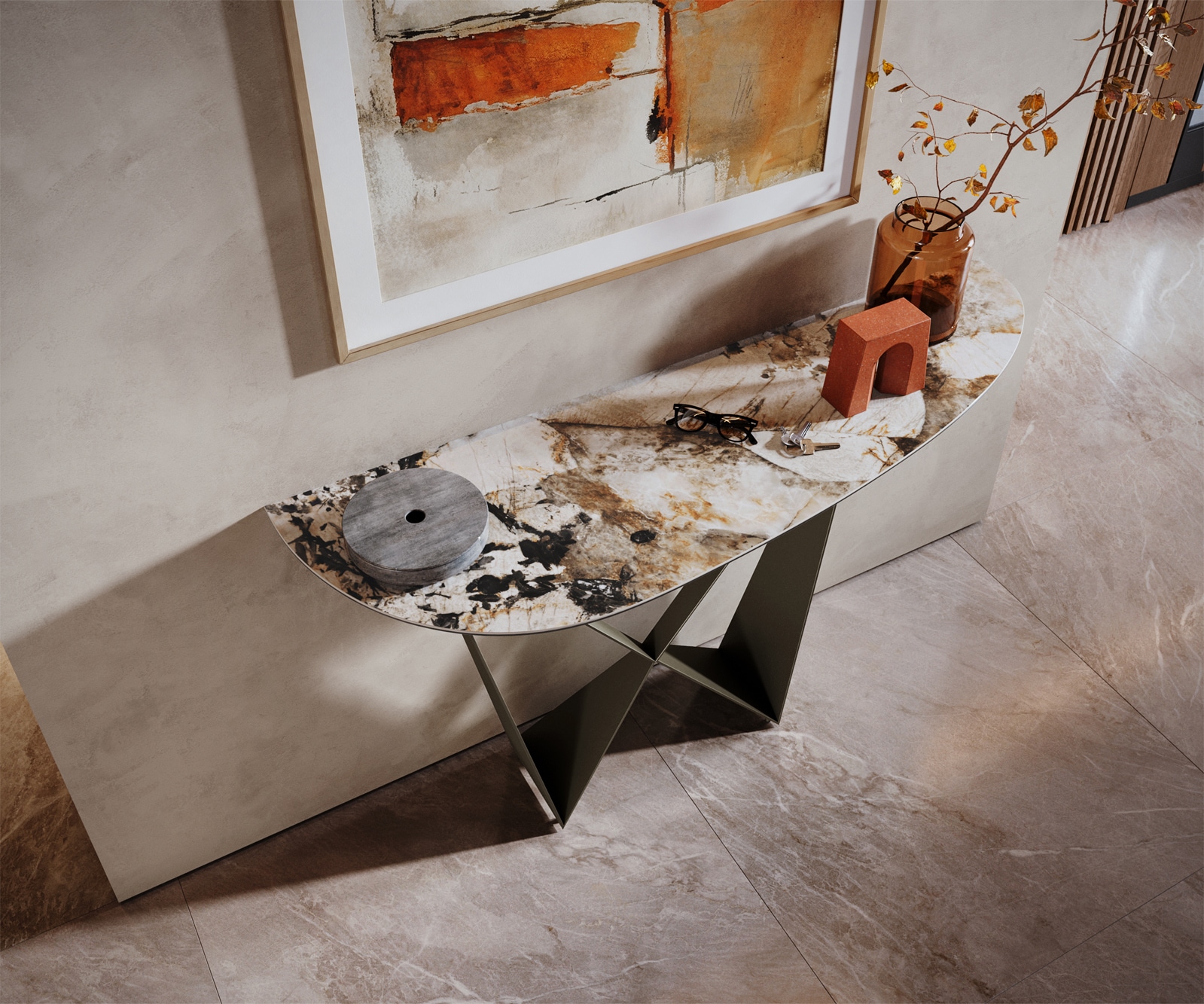 Konsolentisch Edge Oval 140x40 cm Keramik Patagonia Poliert Spios Metall Effektfinish Titan 1