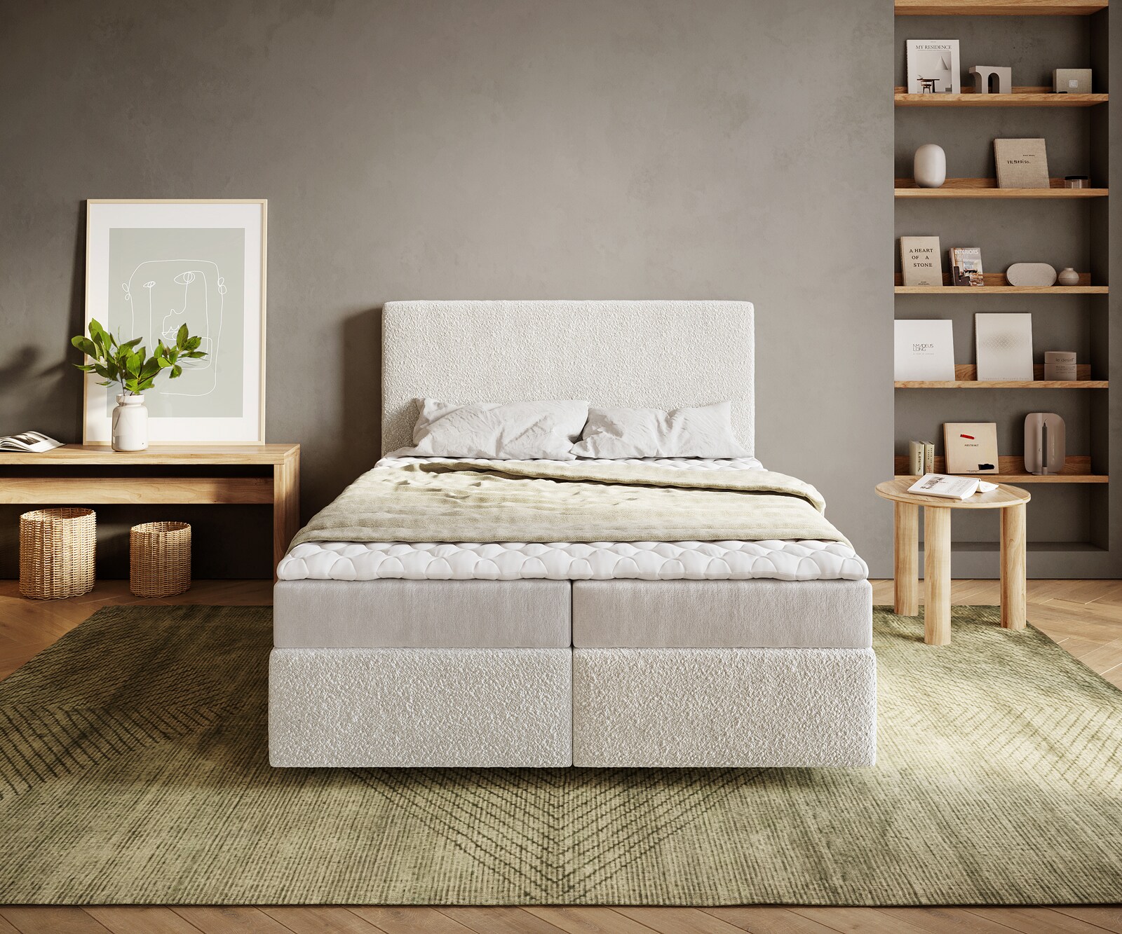 Boxspringbett Dream-Well 140x200 cm Bouclé Creme-Weiß mit Matratze und Topper 1
