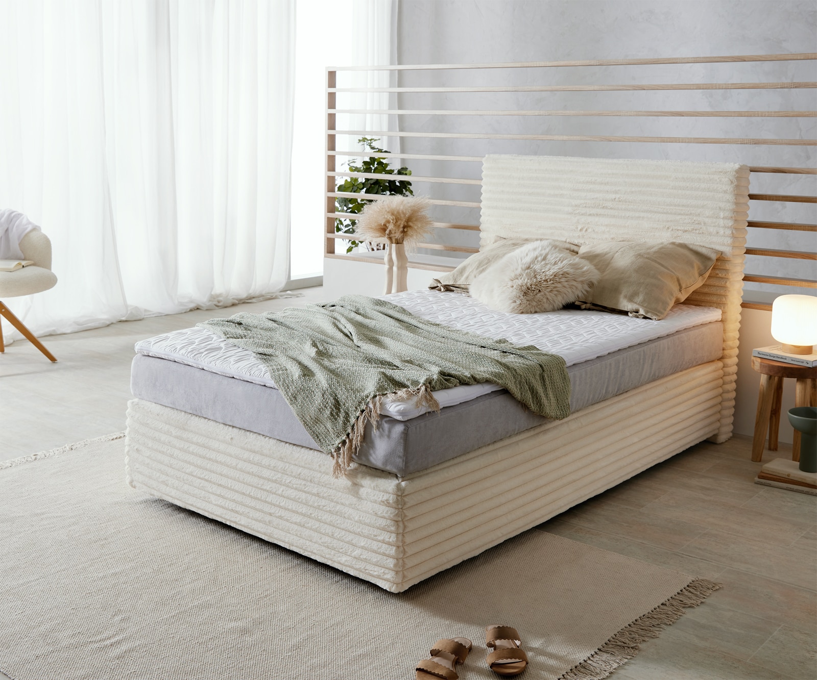 Boxspringbett Dream-Well Plüsch-Cord Beige 120x200 cm TFK-Matratze Visco-Topper Boxspringbett Dream-Well Plüsch-Cord Beige 120x200 cm TFK-Matratze Visco-Topper