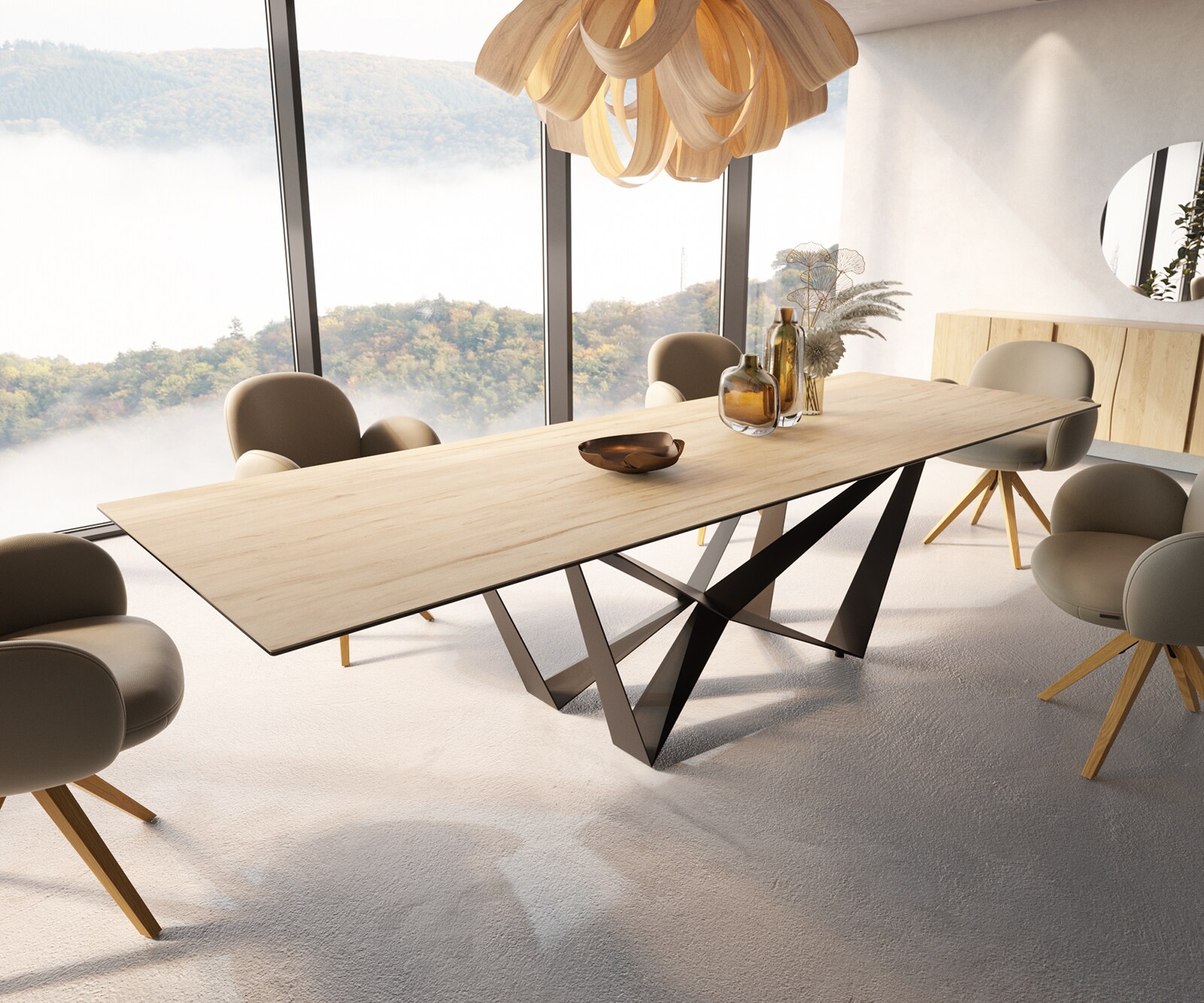 Esstisch Edge 300x100 Keramik Laminam® Sabbia Eichefarbig Spider Flachstahl Schwarz 6