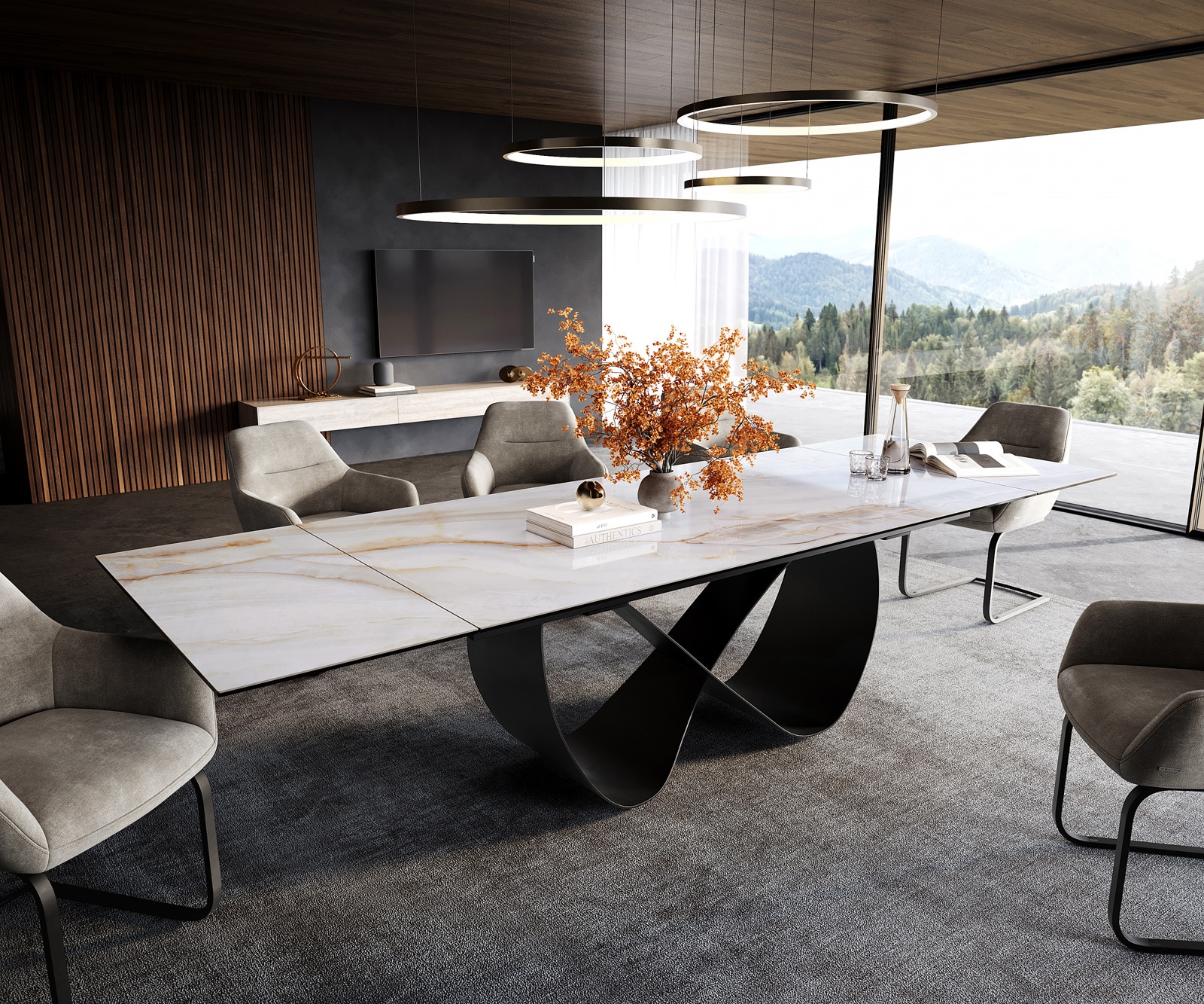 Esstisch Edge 200-300x100 cm Keramik Onyx Pearl Infinity Metall Schwarz ausziehbar