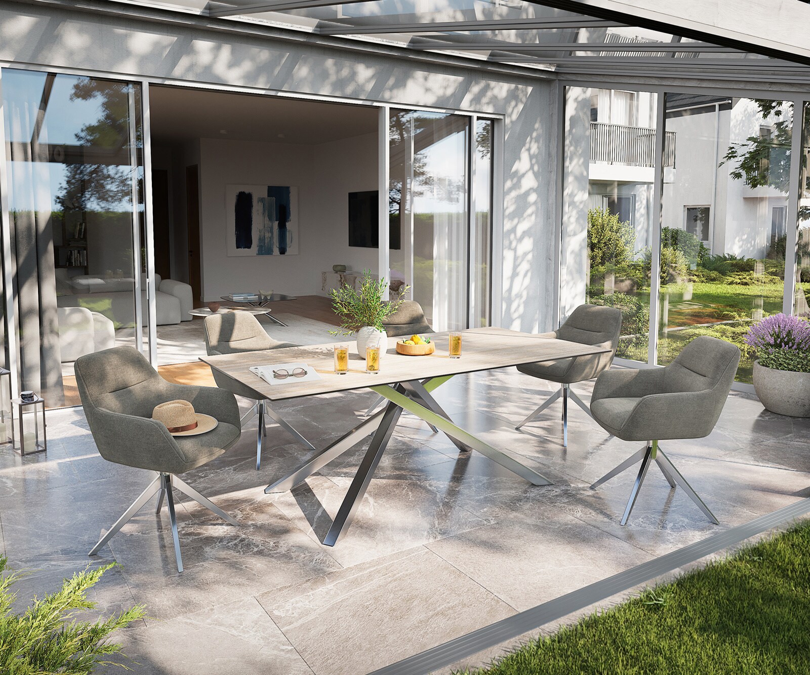 Outdoortisch Edge 200x100 cm Keramik Laminam® Travertino Bianco Creme-Weiß Kreuzgestell Rechteck Edelstahl 6