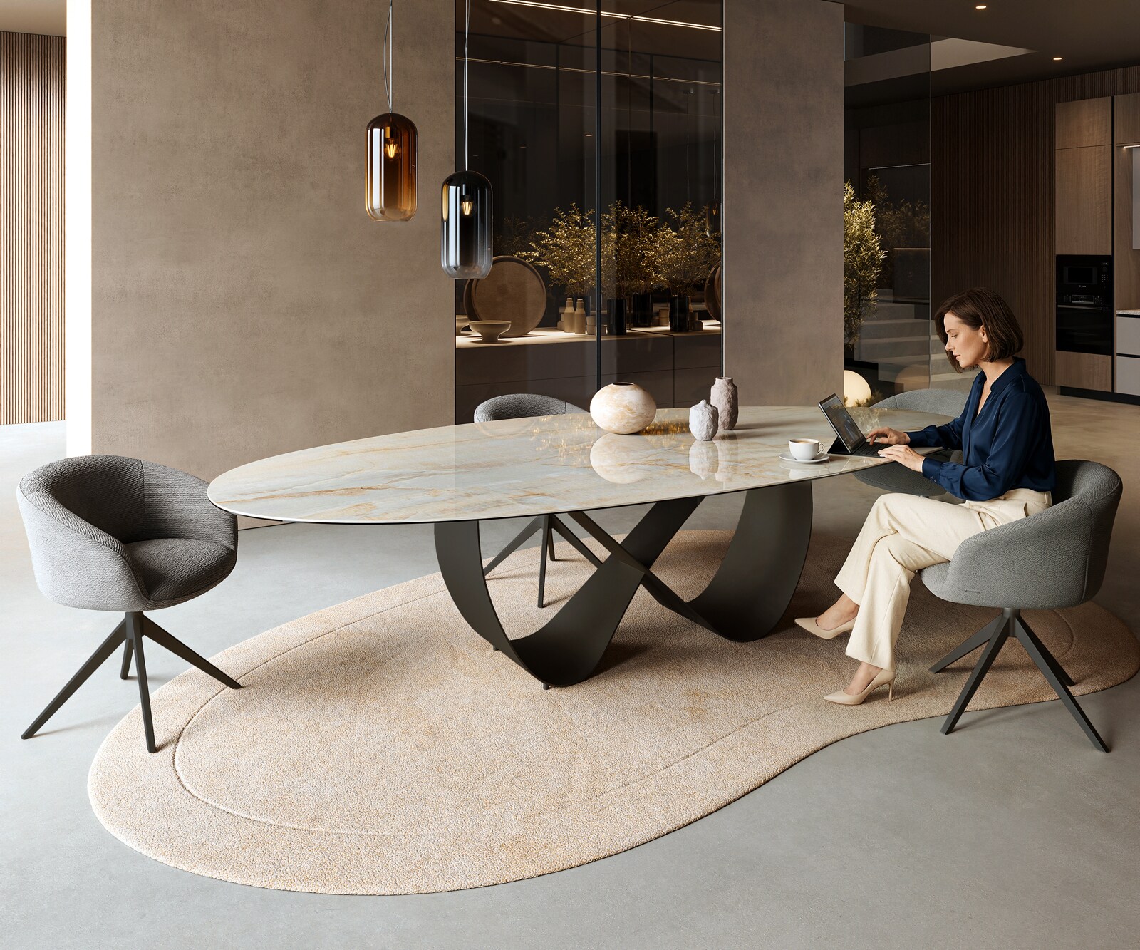 Esstisch Edge Oval 315x150 cm Keramik Iris FMG Onice Oro Infinity Metall Schwarz 6