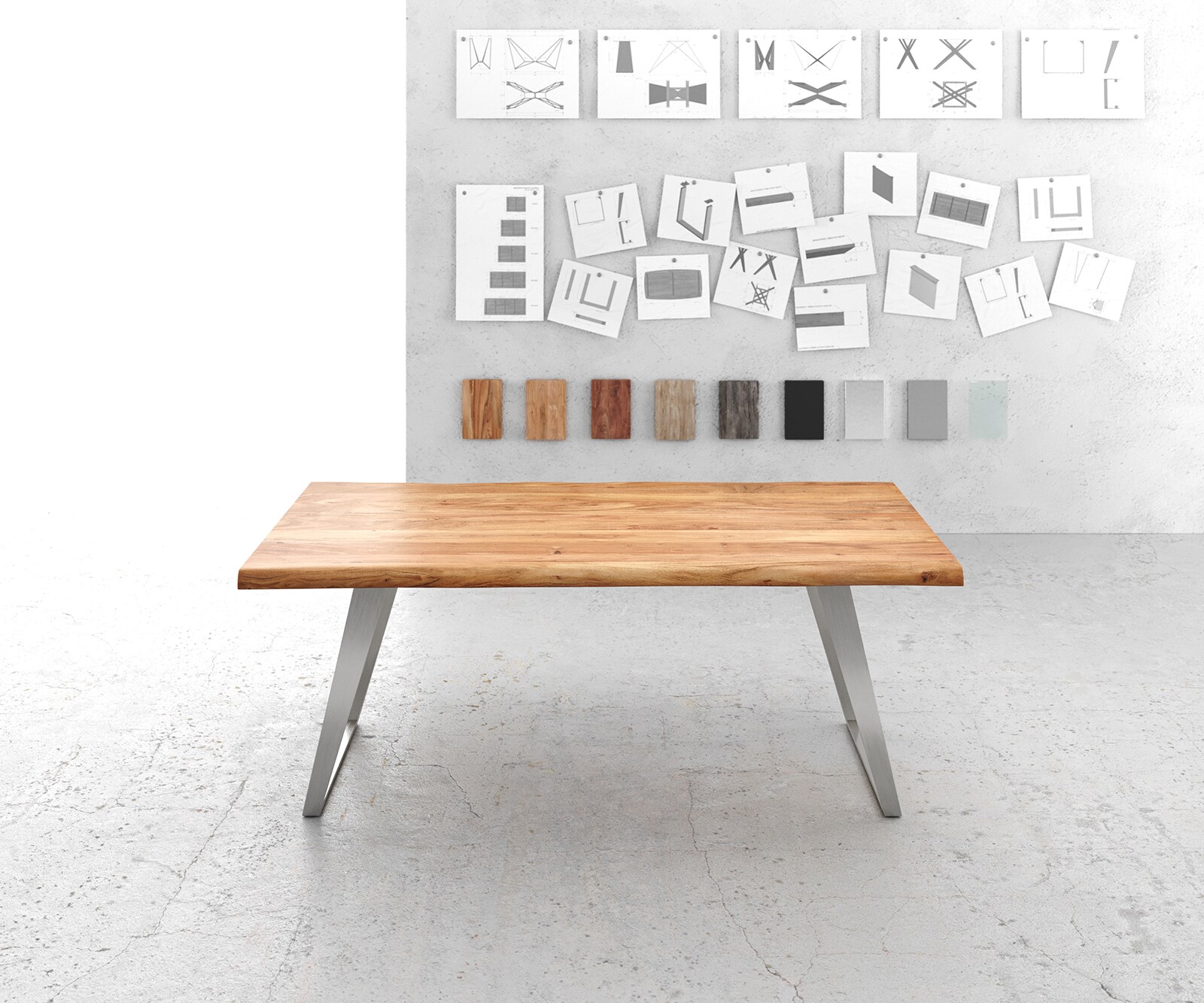 Esstisch Edge 200x100cm XL Akazie Natur Edelstahl Silber schräg Live-Edge 1