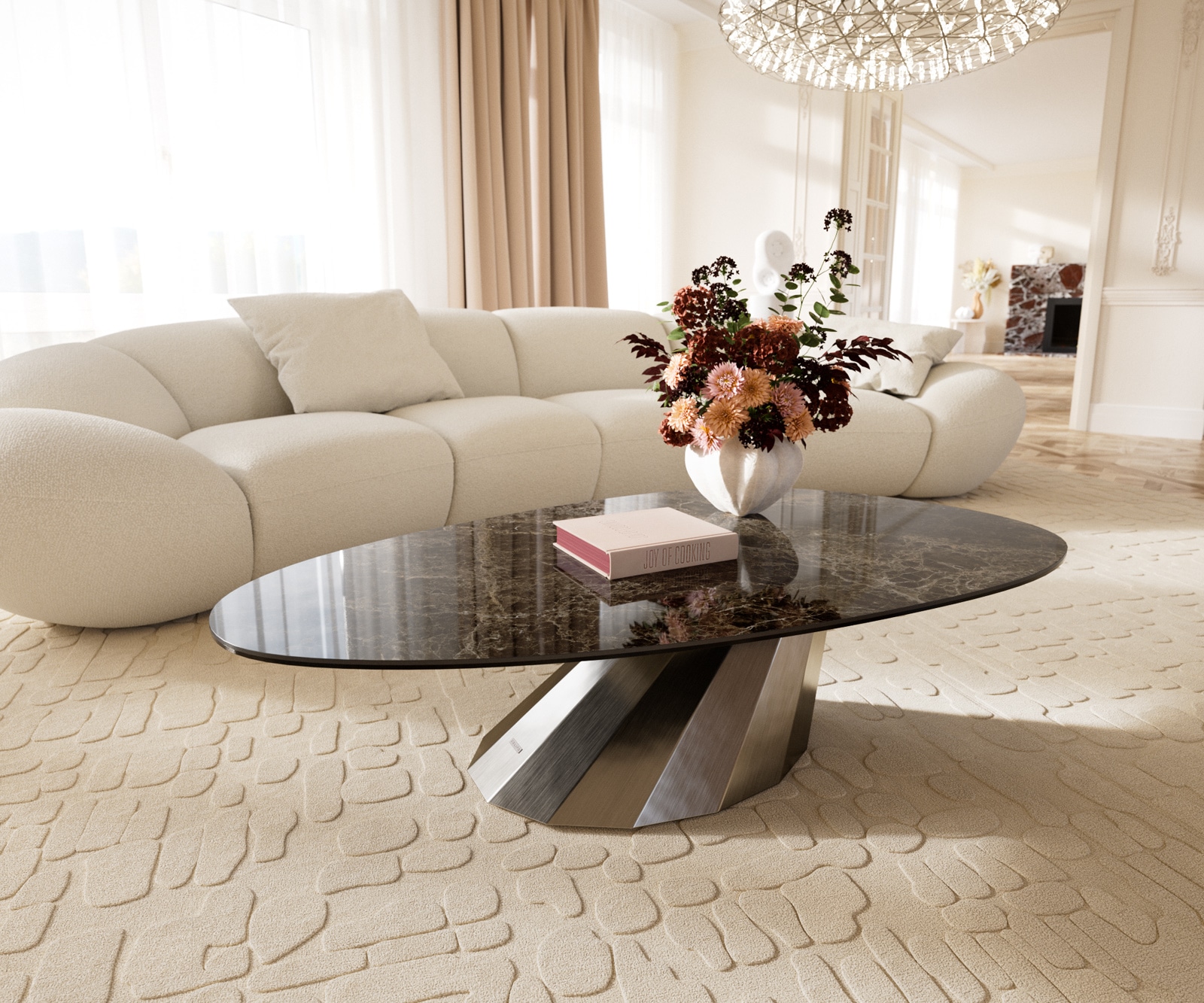 Couchtisch Edge Oval 140x75 cm Keramik Emperador Extra Lucidato Dunkelbraun Parabi Edelstahl gebürstet