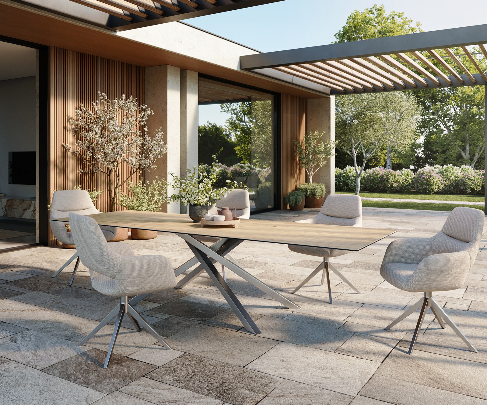Outdoortisch Edge 300x100 cm Keramik Laminam® Sabbia Eichefarbig Kreuzgestell Rechteck Edelstahl 5