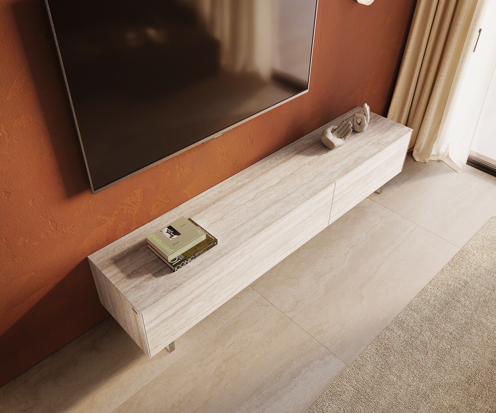 Lowboard Cuor 220 cm Keramik Laminam® Travertino Bianco Creme-Weiß 1 Klappe 2 Schubfächer Fuß Schwebeoptik Acrylglas 3