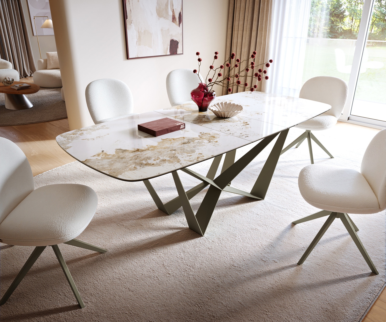Esstisch Edge Boot 180-220x100 cm Keramik Minas Melange Weiß-Beige Spider Metall Effektfinish Titan ausziehbar 6