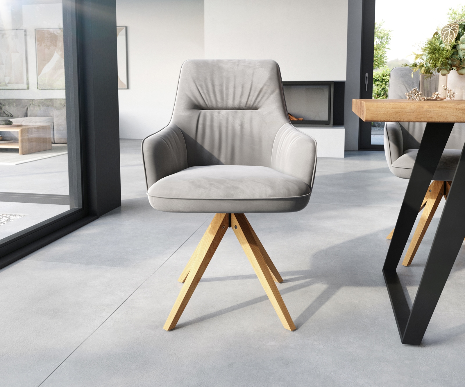 Esszimmerstuhl Zelia-Flex mit Armlehnen Samt Grau Holzgestell kantig Natur Taschenfederkern 1 Esszimmerstuhl Zelia-Flex mit Armlehnen Samt Grau Holzgestell kantig Natur Taschenfederkern 1