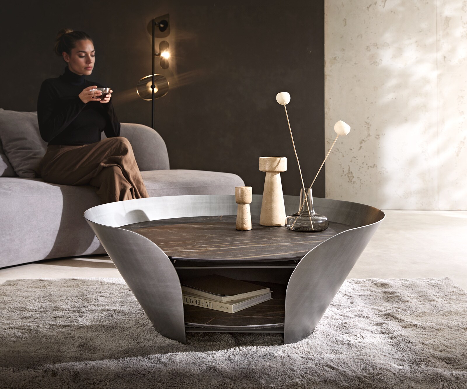 Couchtisch Skafi 100x40 cm Keramik Laminam® Noir Desir Braun Metallic Silber 1