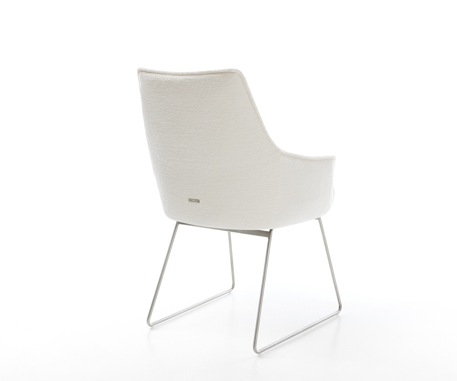 Esszimmerstuhl Alja-Flex mit Armlehnen Bouclé Soft Beige Kufengestell Edelstahl Taschenfederkern 5