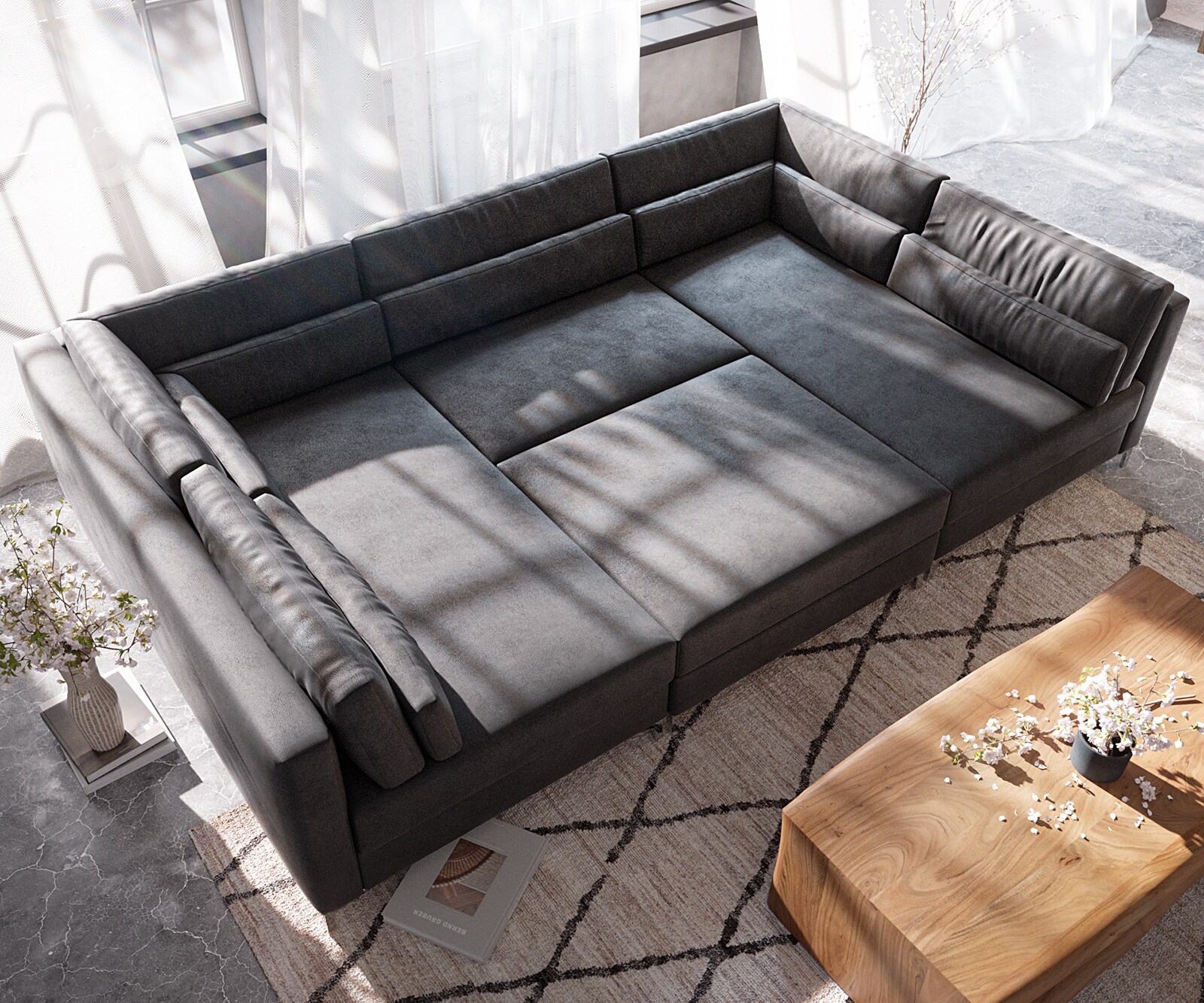 Wohnlandschaft Elio 300x185 cm Lederimitat Vintage Anthrazit mit Hocker 5