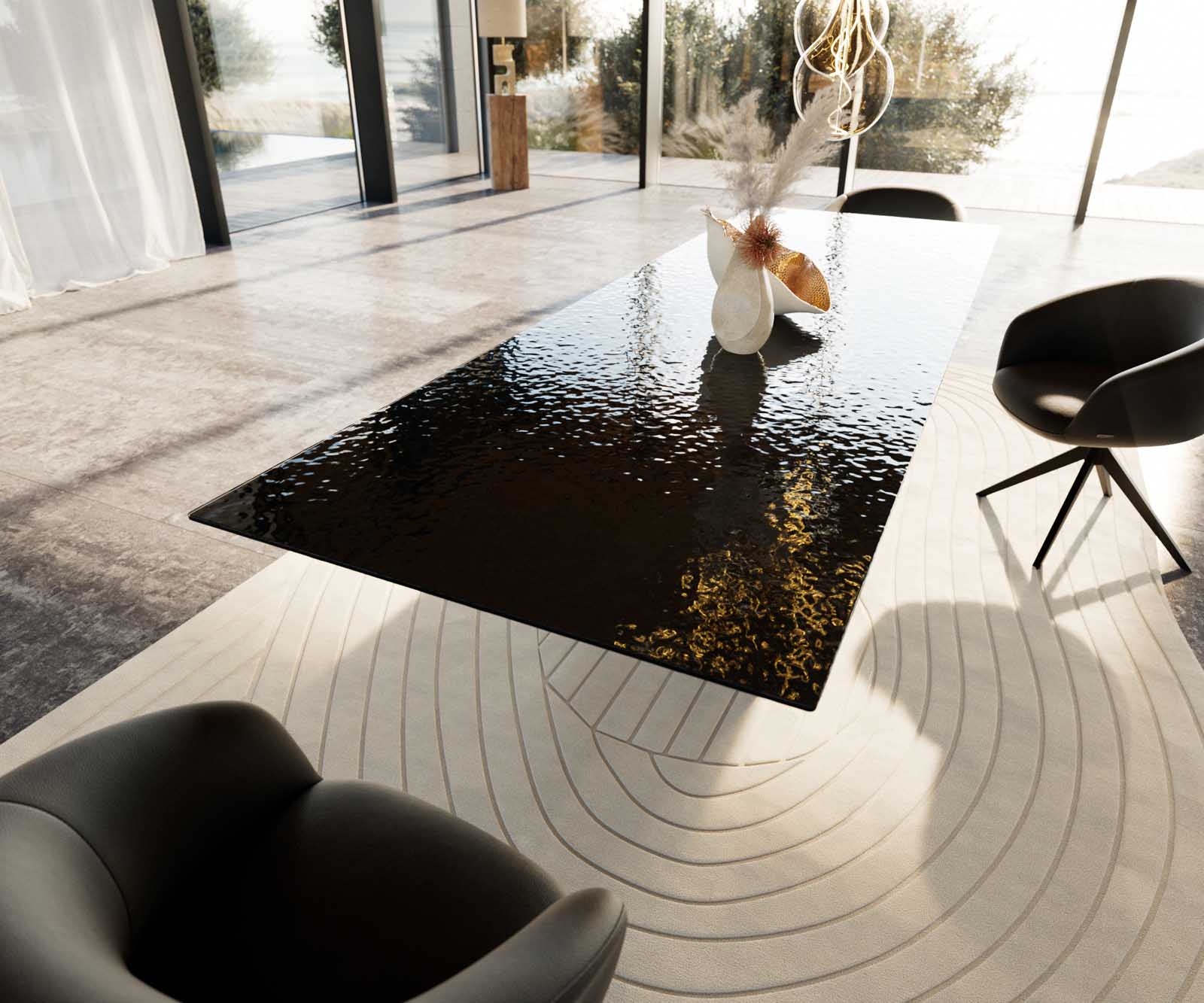 Esstisch Edge 300x100 Reliefglas Rauchschwarz 3D-Design Spider Flachstahl Schwarz 7