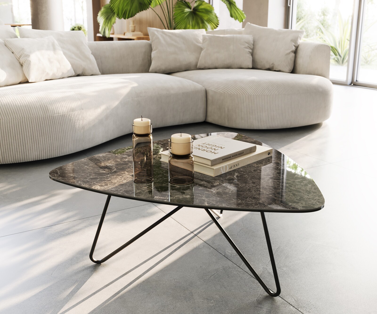 Couchtisch Ekrem 88x85 cm Keramik Emperador Extra Lucidato Dunkelbraun Hairpin Metall Schwarz