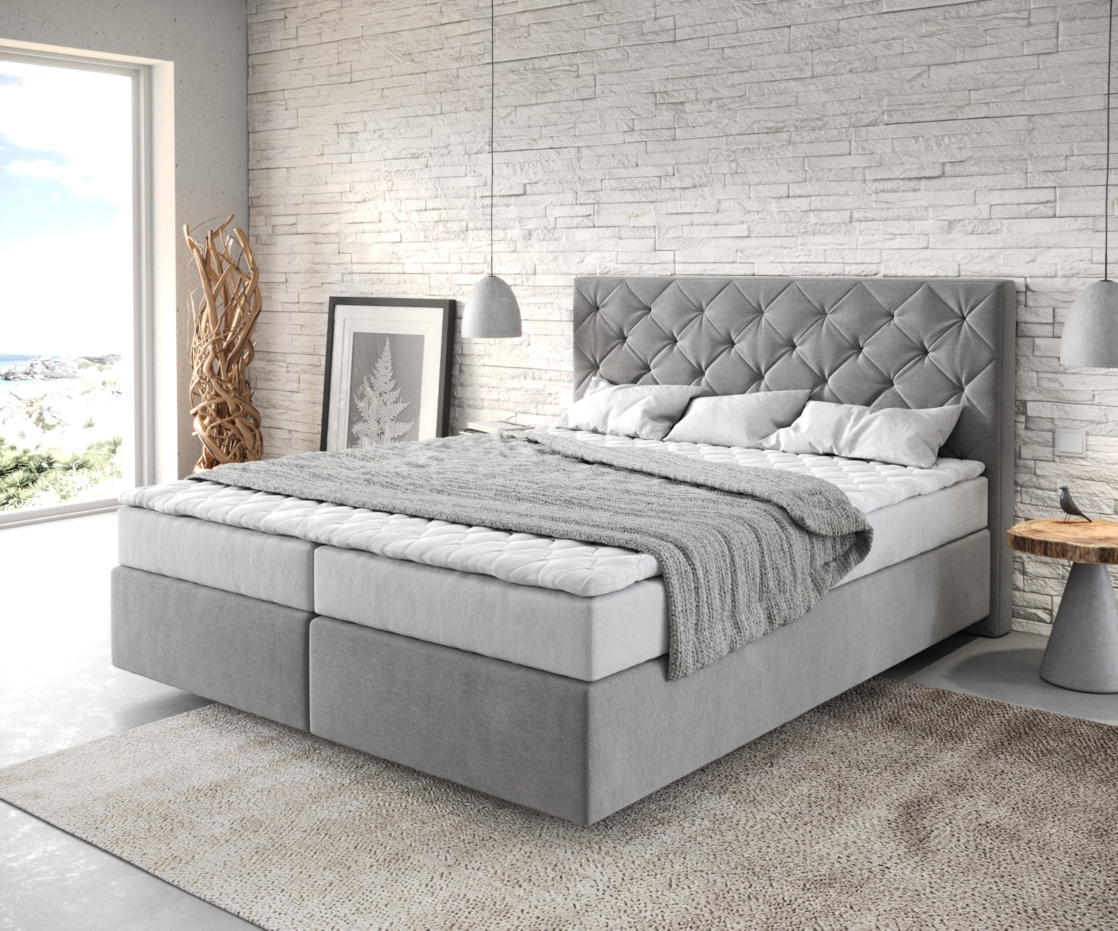 Boxspringbett Dream-Great 160x200 cm Mikrofaser Grau mit Matratze und Topper Boxspringbett Dream-Great 160x200 cm Mikrofaser Grau mit Matratze und Topper