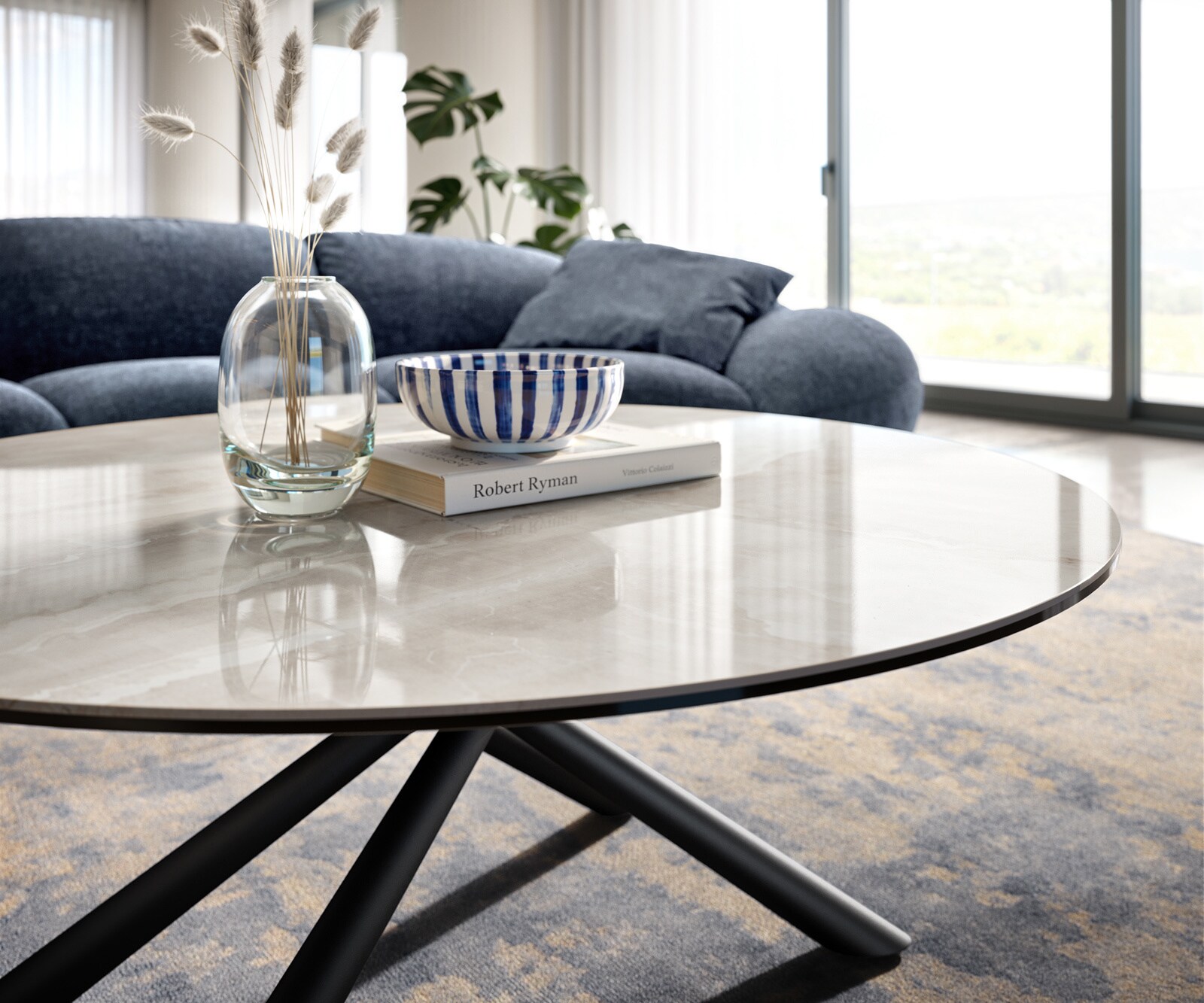 Couchtisch Edge Rund 100x100 cm Keramik Onyx Champagne Sarity Metall Schwarz 6