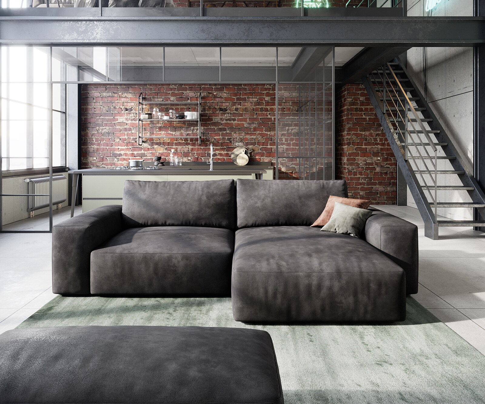 Ecksofa Lanzo 230x155 cm Lederimitat Vintage Anthrazit Recamiere variabel mit Hocker 1