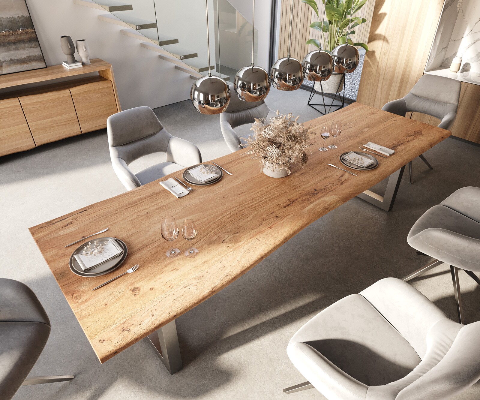 Esstisch Edge 300x100 Akazie Natur Edelstahl Breit Live-Edge 4