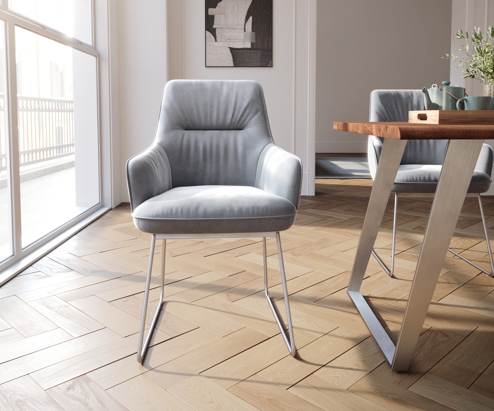 Esszimmerstuhl Zelia-Flex mit Armlehnen Samt Grau Kufengestell Edelstahl Taschenfederkern 1 Esszimmerstuhl Zelia-Flex mit Armlehnen Samt Grau Kufengestell Edelstahl Taschenfederkern 1