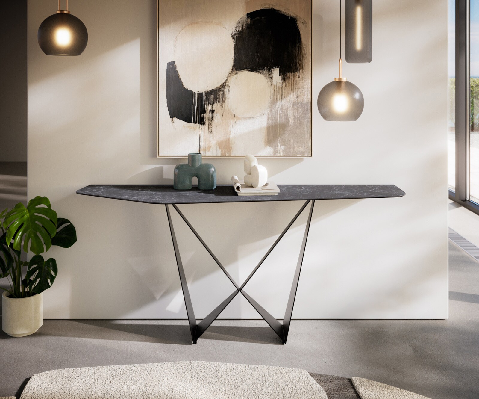 Konsolentisch Edge Polygonal 180x50 cm Keramik Laminam® Nero Greco Anthrazit Spios Metall Schwarz 2