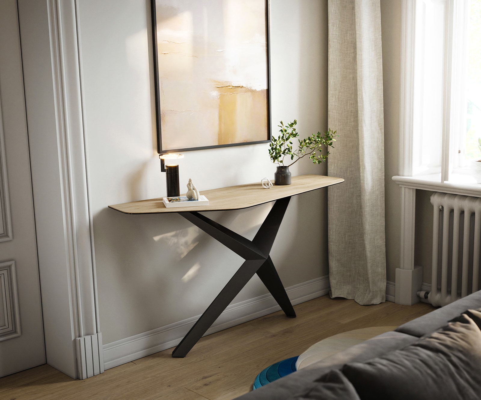 Konsolentisch Edge Polygonal 140x50 cm Keramik Laminam® Sabbia Eichefarbig Zentharo Metall Schwarz 4