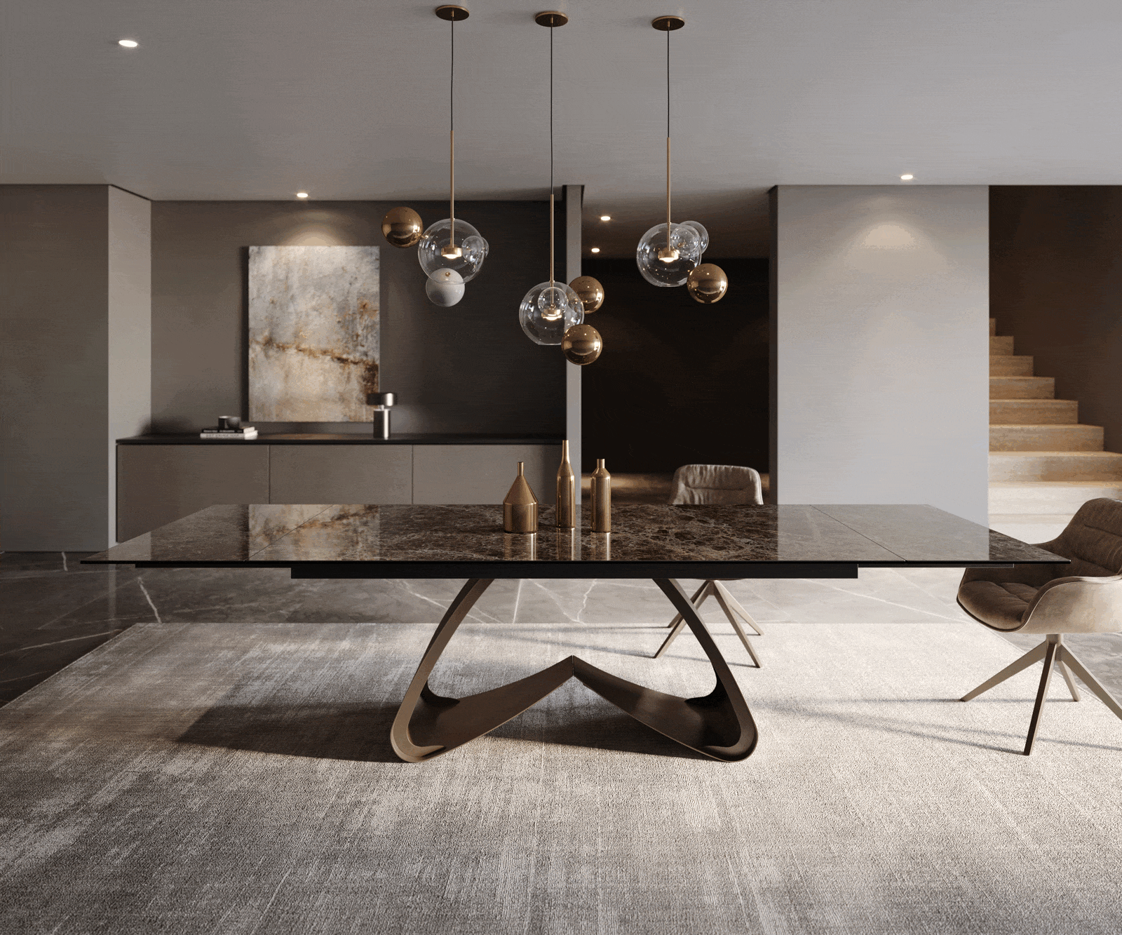 Esstisch Edge 200-300x100 Keramik Emperador Extra Lucidato Dunkelbraun W-Gestell Effektfinish Titan ausziehbar 1