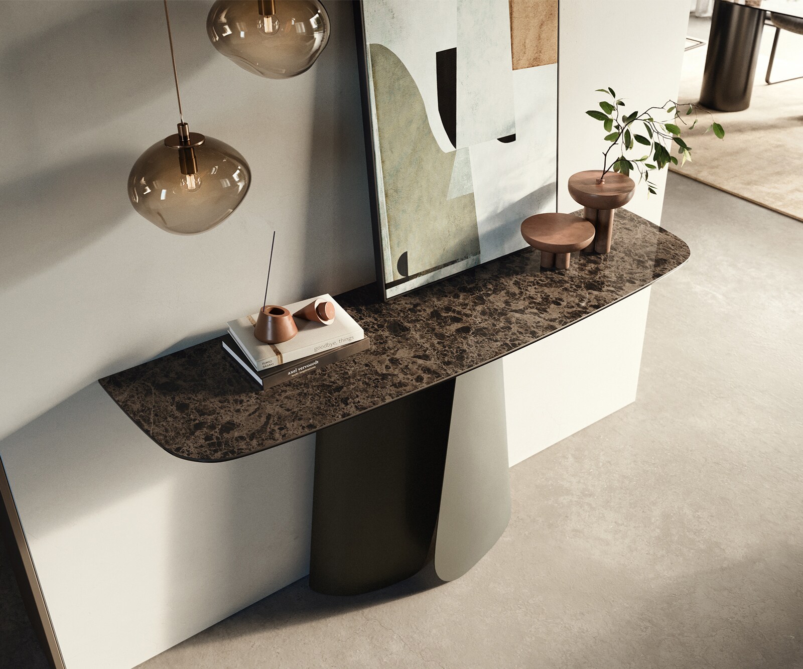 Konsolentisch Edge Boot 140x40 cm Keramik Emperador Extra Lucidato Dunkelbraun Livos Metall Effektfinish Titan 2