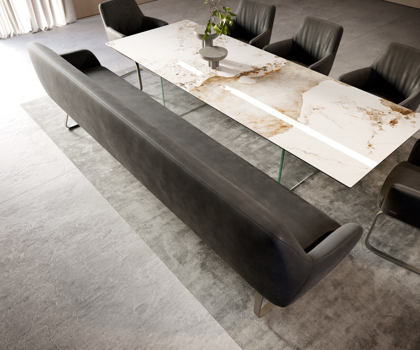 Esszimmerbank Taya-Flex 300 cm Mikrofaser Anthrazit Vintage Kufengestell flach Effektfinish Titan Taschenfederkern 4
