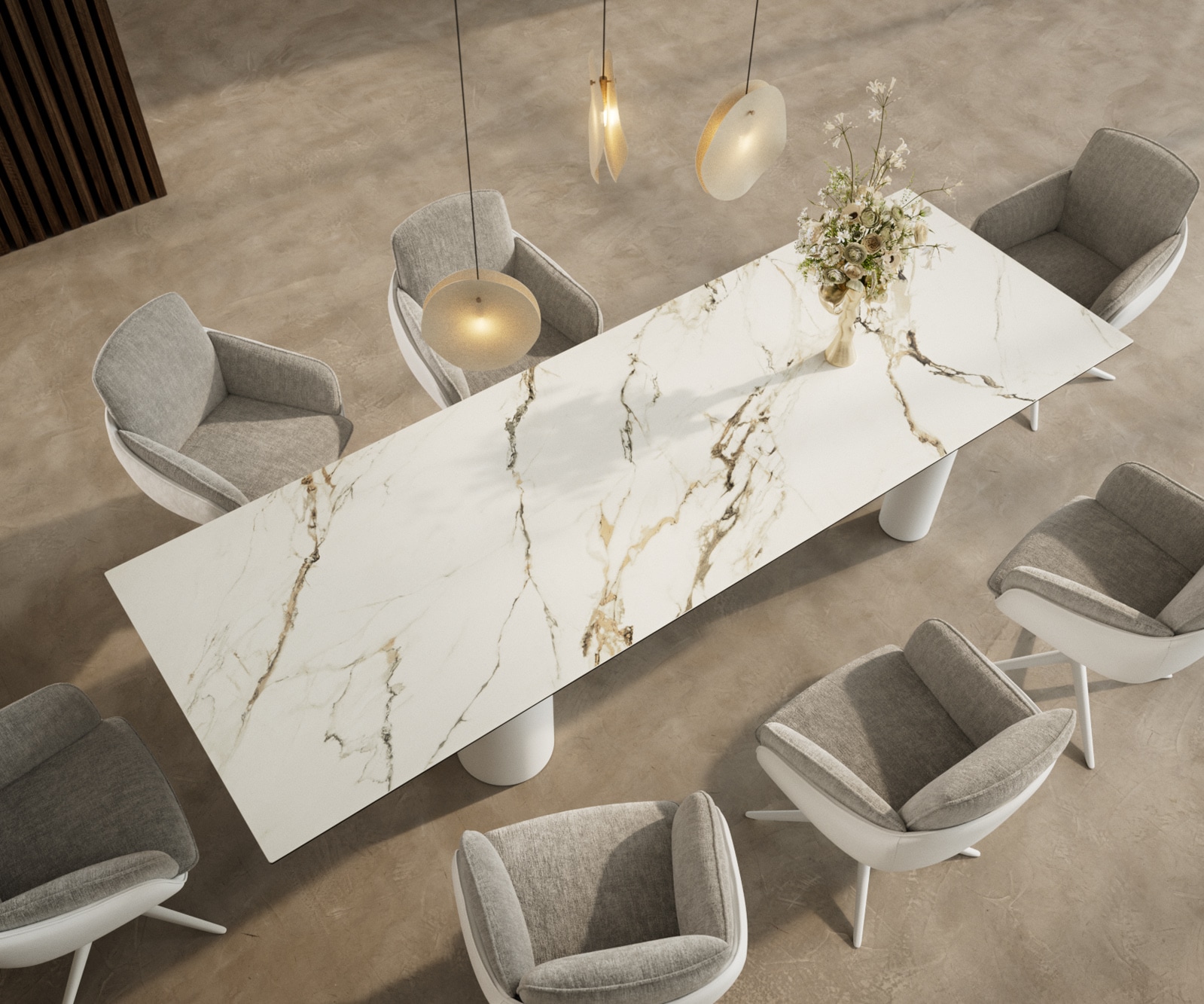 Esstisch Edge 300x100 Keramik Calacatta Luxe Weiß-Gold-Grau Pilier Metall Weiß 3 Esstisch Edge 300x100 Keramik Calacatta Luxe Weiß-Gold-Grau Pilier Metall Weiß 3