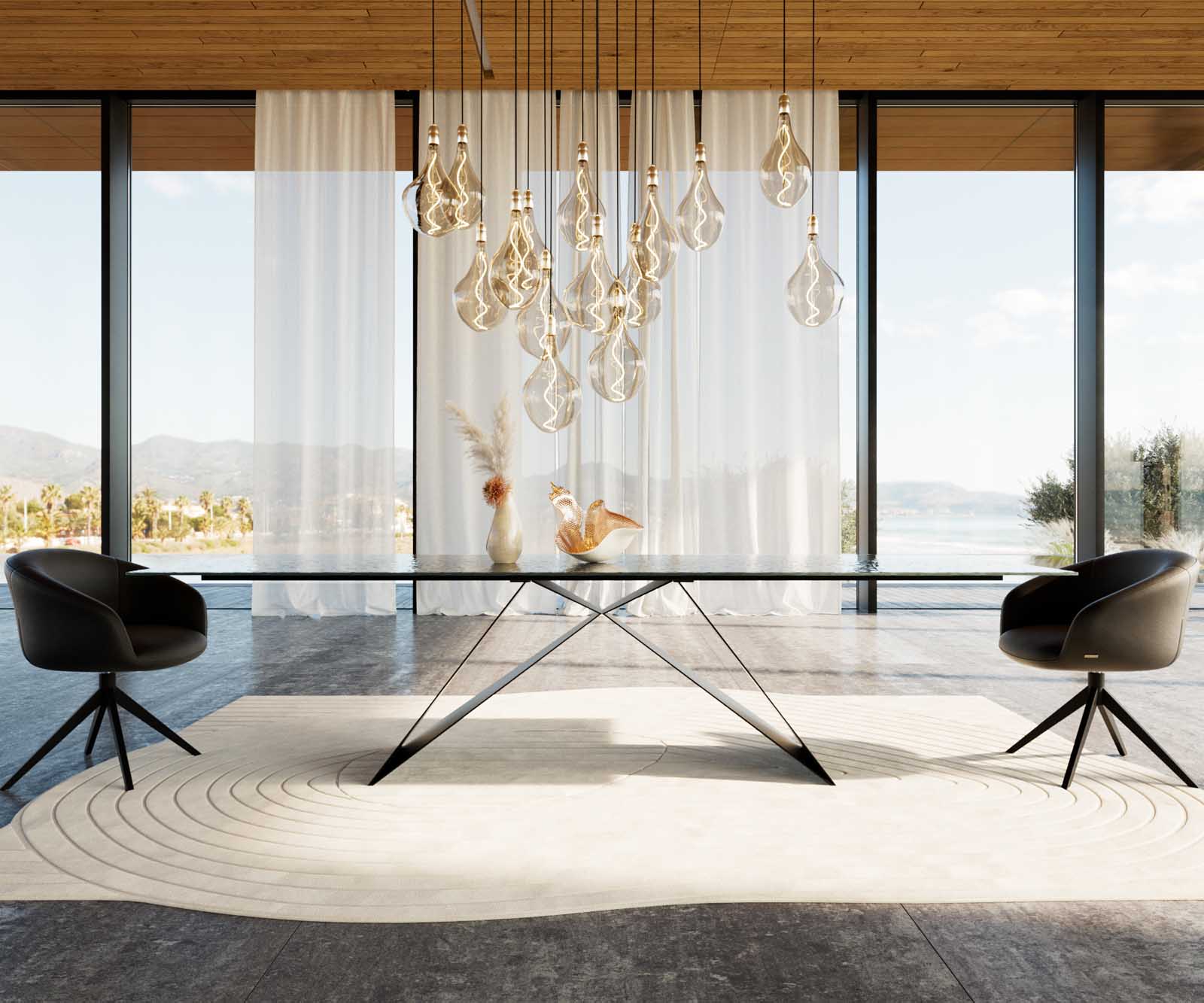 Esstisch Edge 300x100 Reliefglas Rauchschwarz 3D-Design V-Gestell Flachstahl Schwarz 2 Esstisch Edge 300x100 Reliefglas Rauchschwarz 3D-Design V-Gestell Flachstahl Schwarz 2