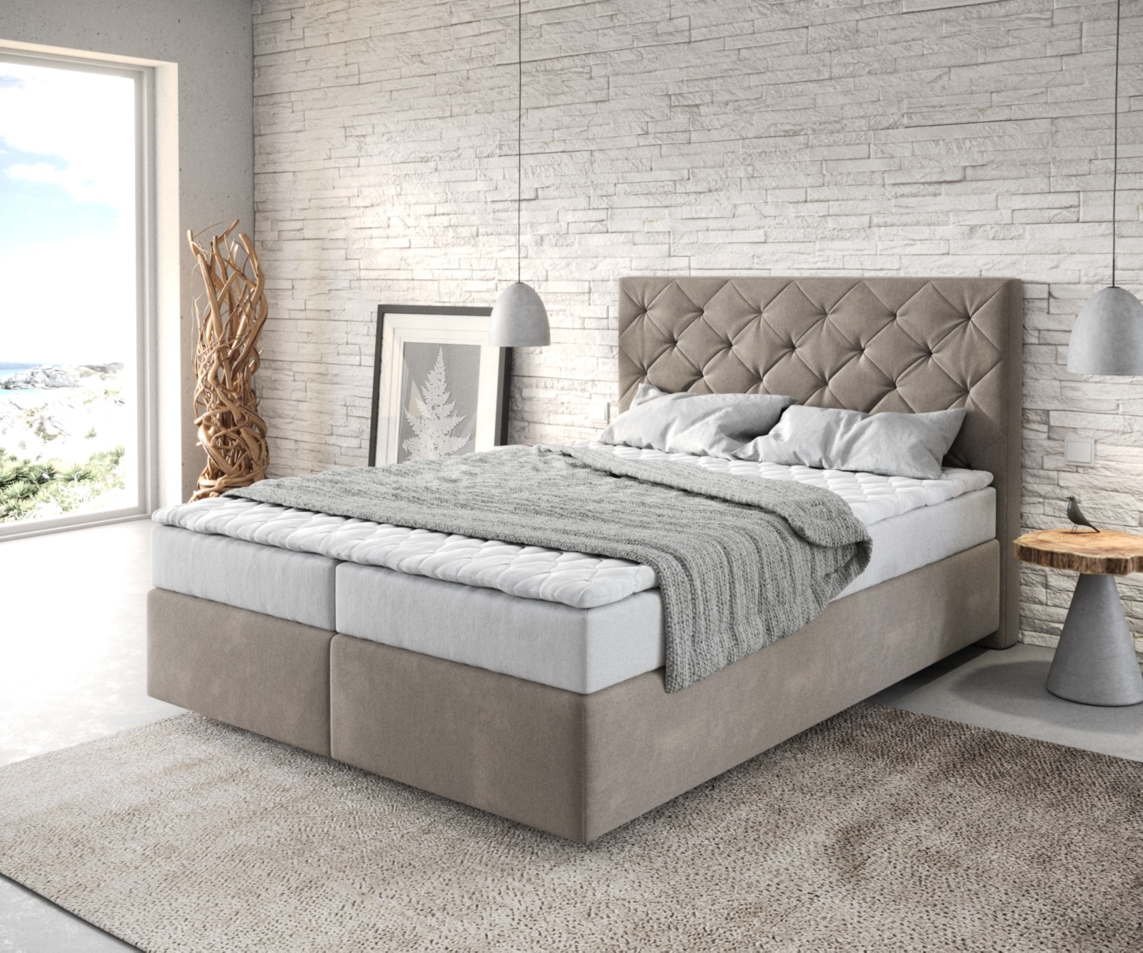 Boxspringbett Dream-Great 140x200 cm Mikrofaser Beige mit Matratze und Topper Boxspringbett Dream-Great 140x200 cm Mikrofaser Beige mit Matratze und Topper