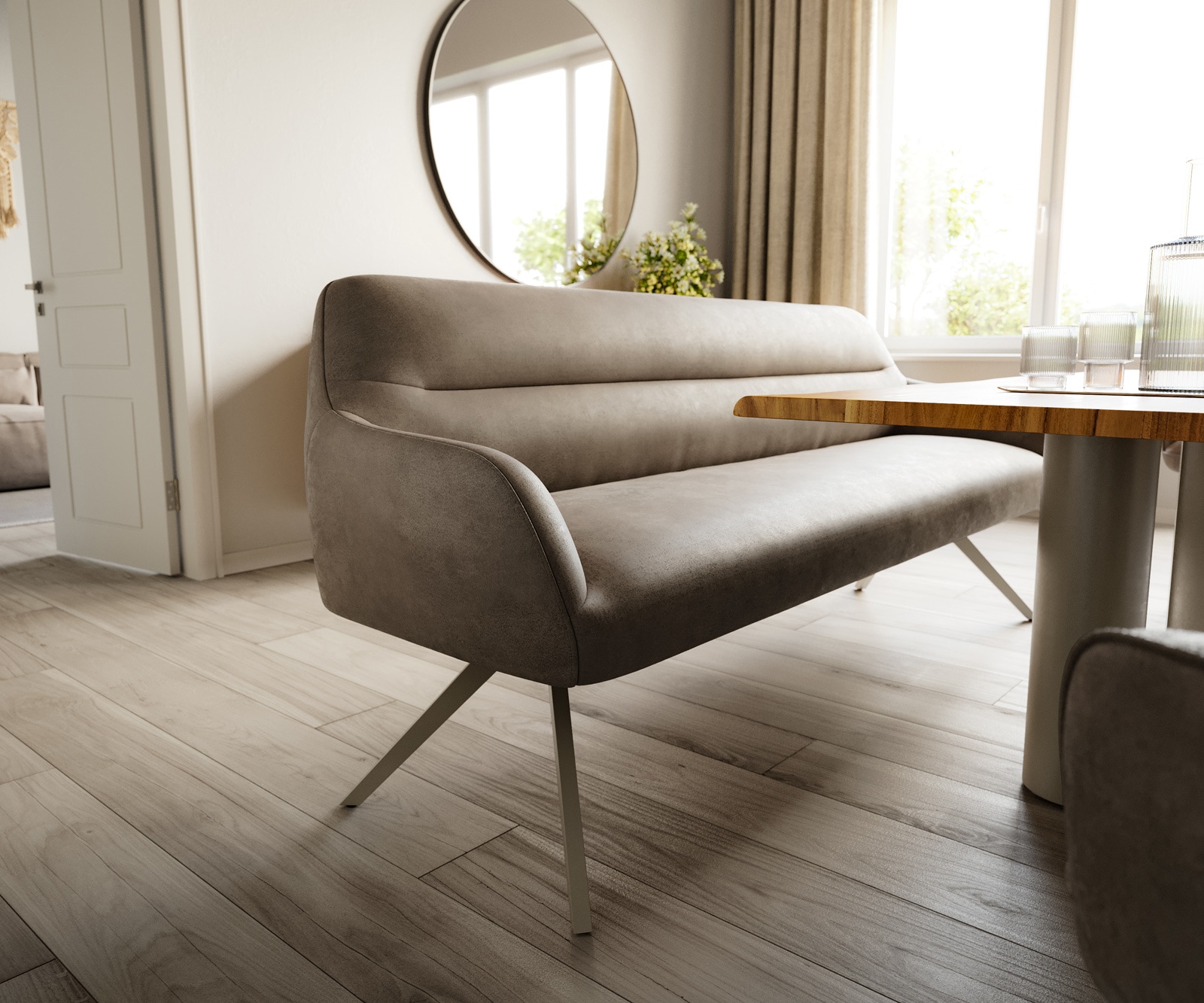 Esszimmerbank Taya-Flex 200 cm Mikrofaser Taupe Vintage Kreuzgestell kantig Effektfinish Titan Taschenfederkern 4